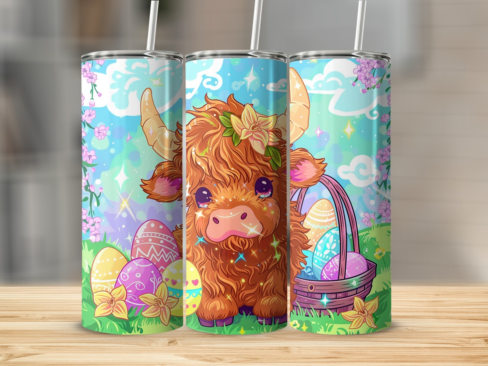 Adorable Highland Cow and Easter Eggs tumbler design