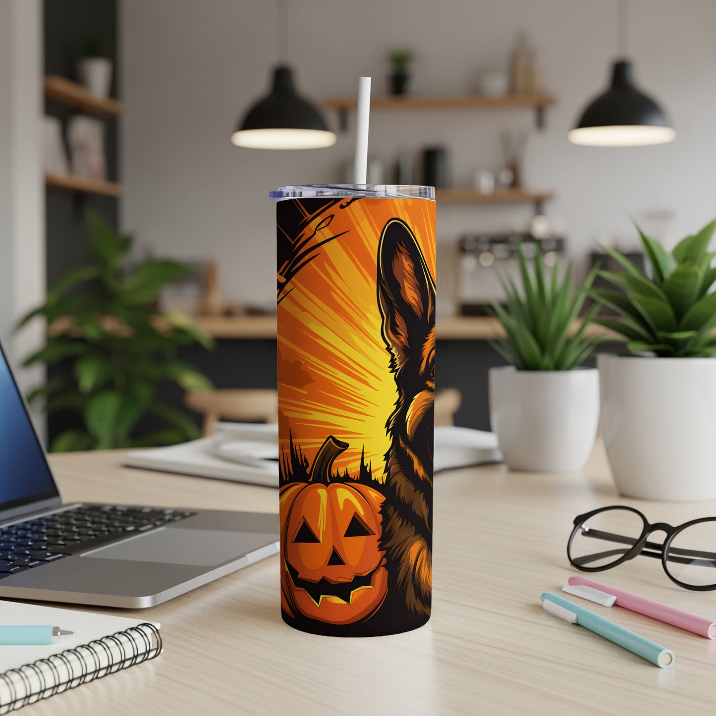 German Shepherd and pumpkin Halloween tumbler with straw.