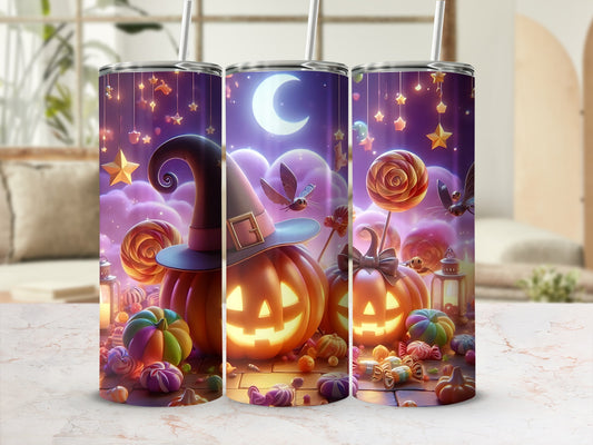 Three tumblers with a Halloween theme featuring jack-o'-lanterns, candy, and stars.
