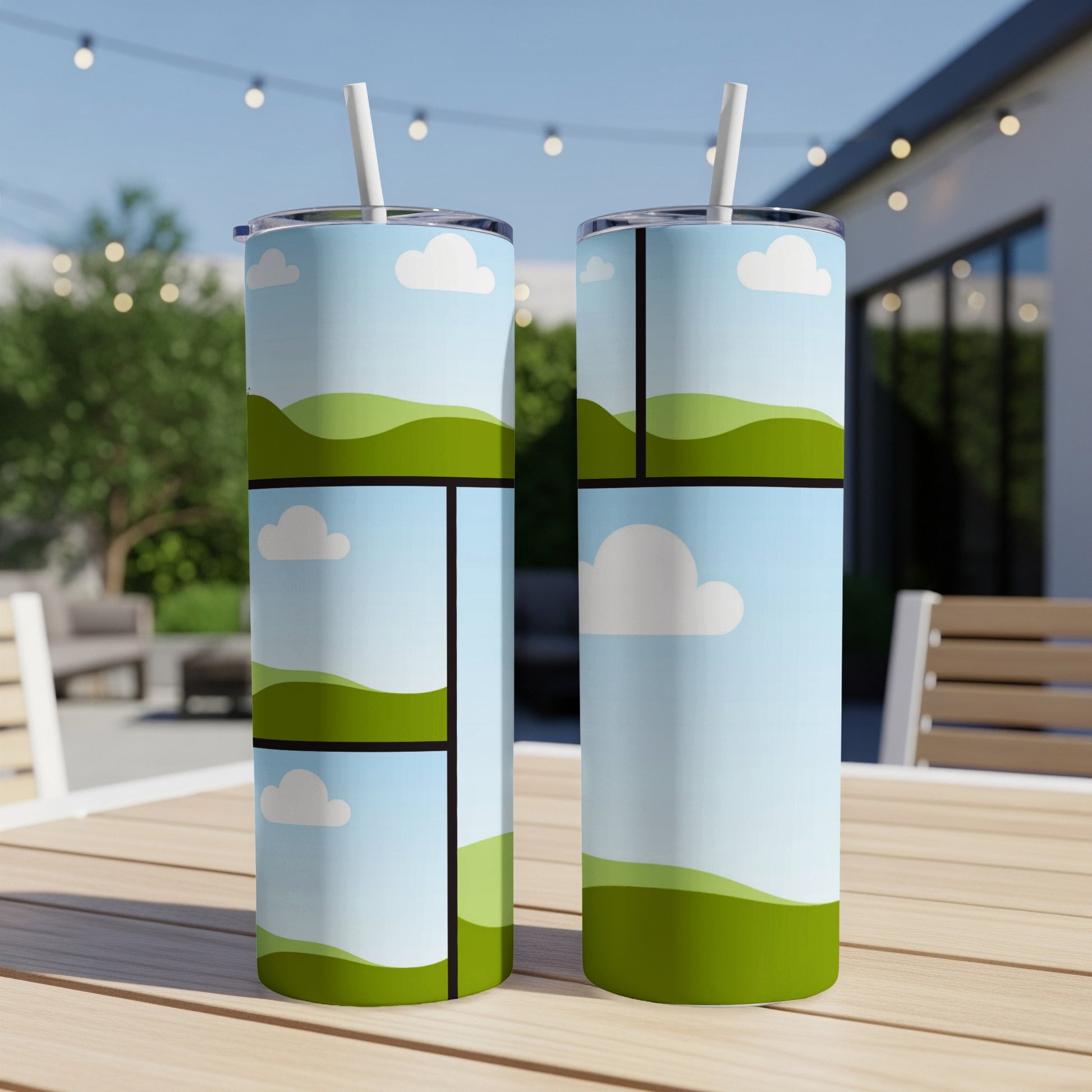 Two tumblers with a blue sky, clouds, and green rolling hills design.