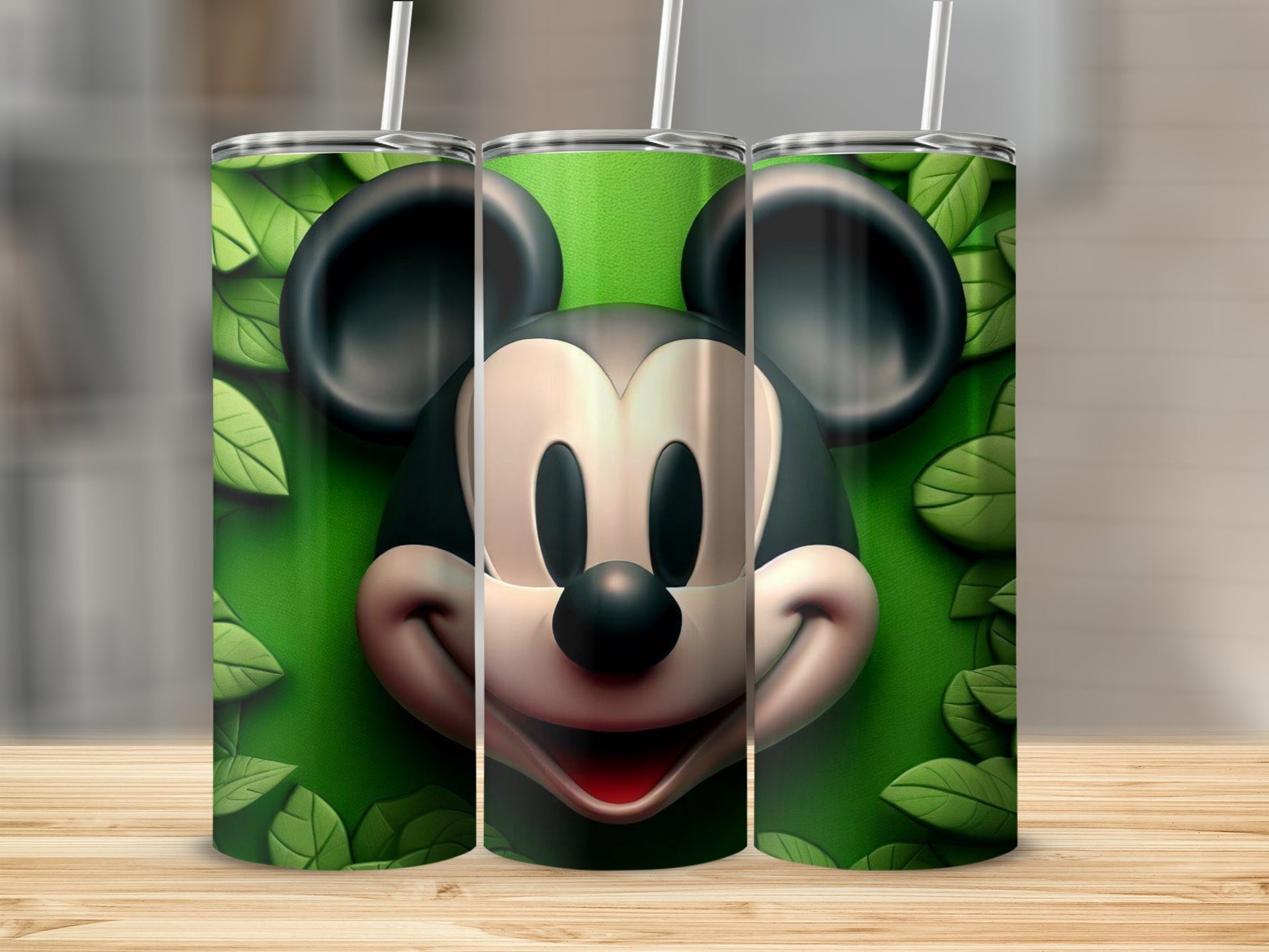 Cute Mickey Mouse Eco Green Tumbler with Leaf Design