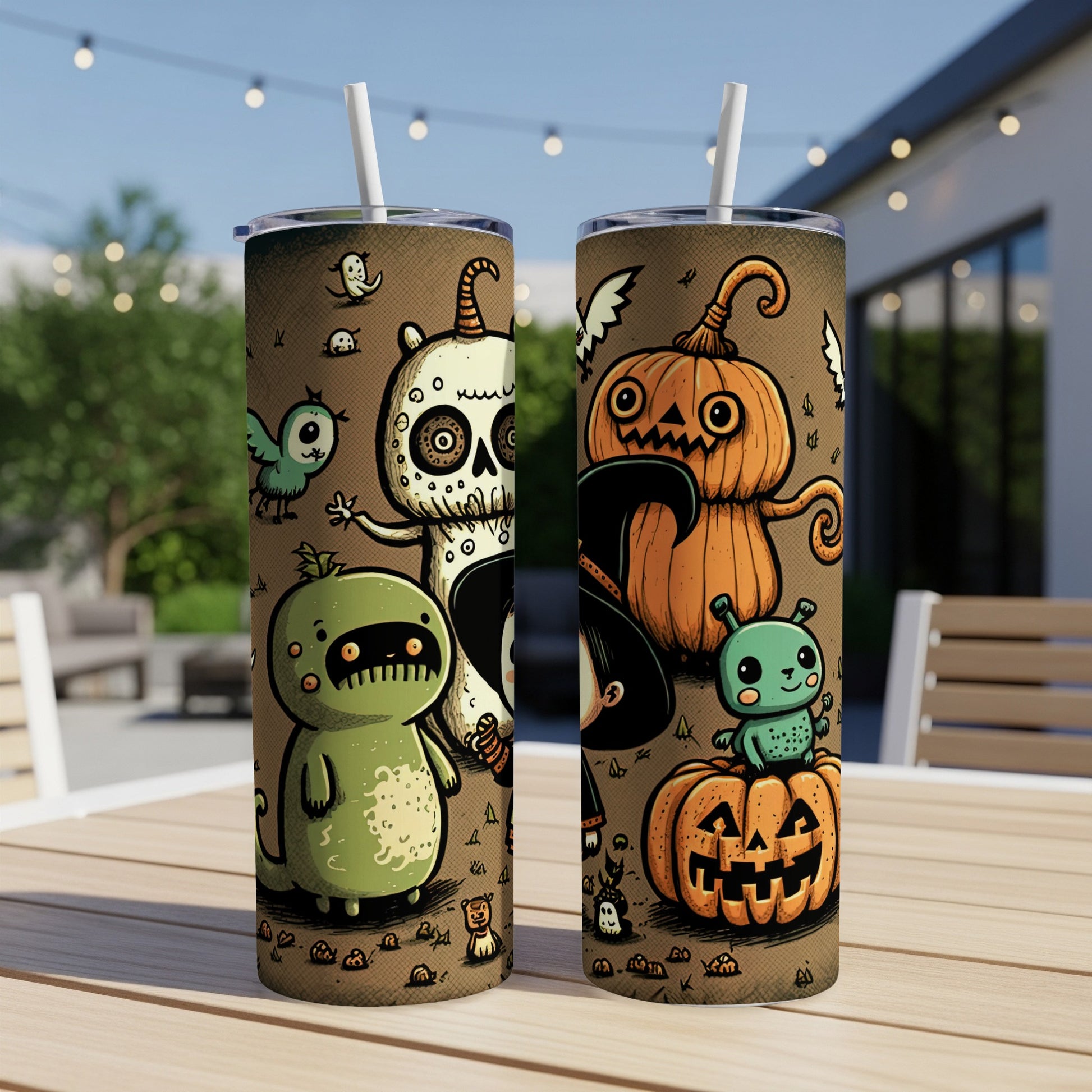 Two tumblers with cartoon Halloween monsters, pumpkins, and ghosts on a brown background.