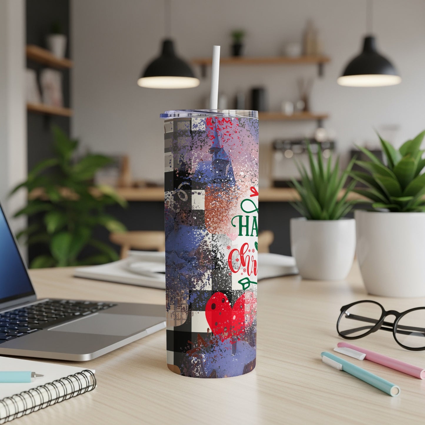 Tumbler with plaid pattern, red heart, and "Happy Holidays" text.