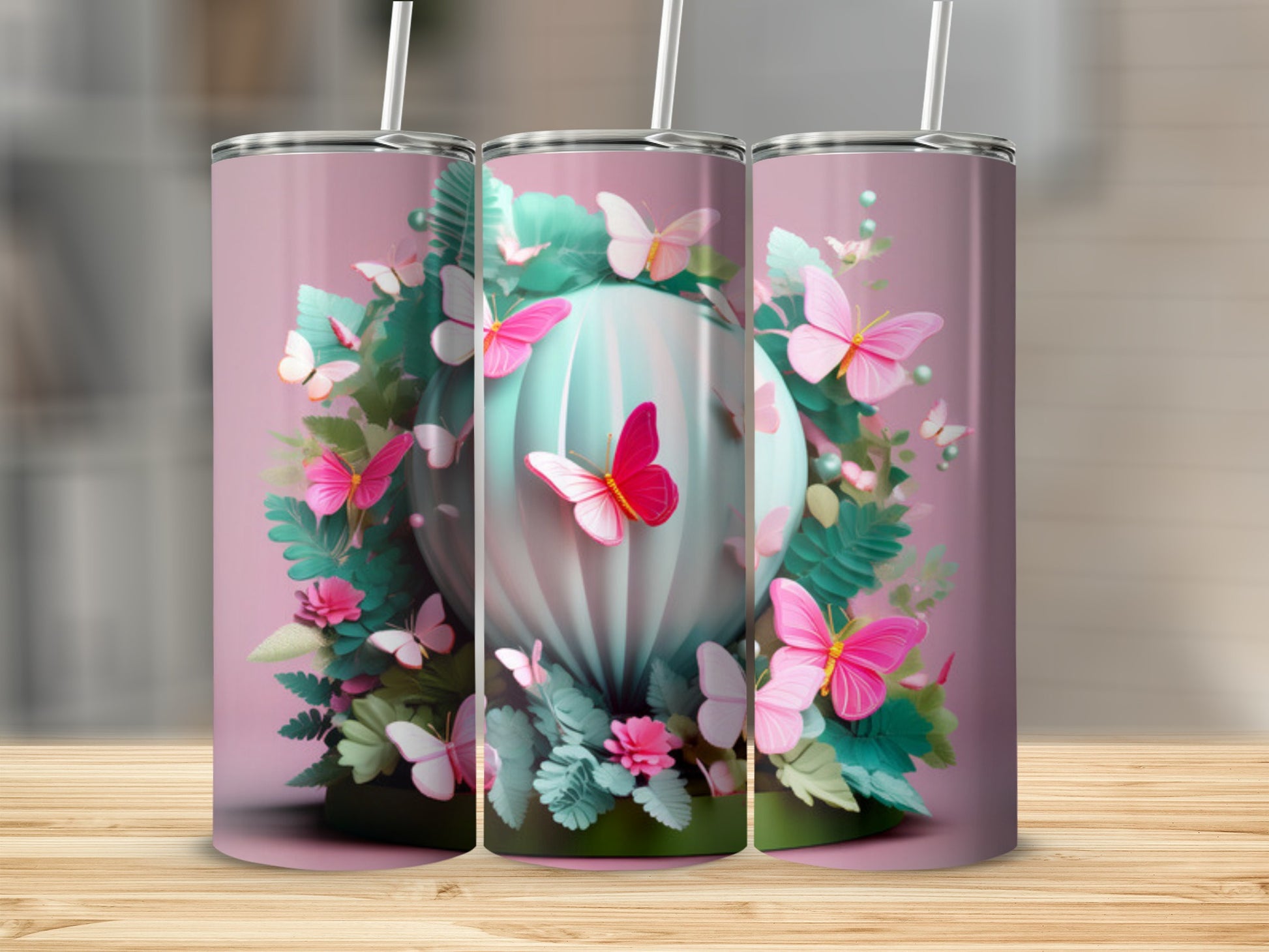 Pink and blue butterflies around a decorative orb on a pink background.