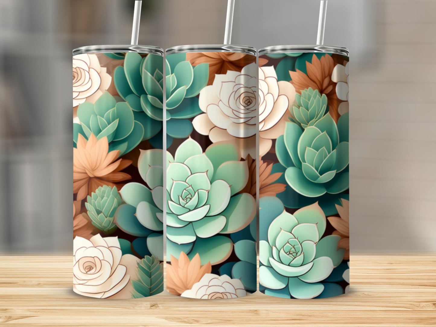 Three tumblers with a succulent floral pattern in green, white, and tan.
