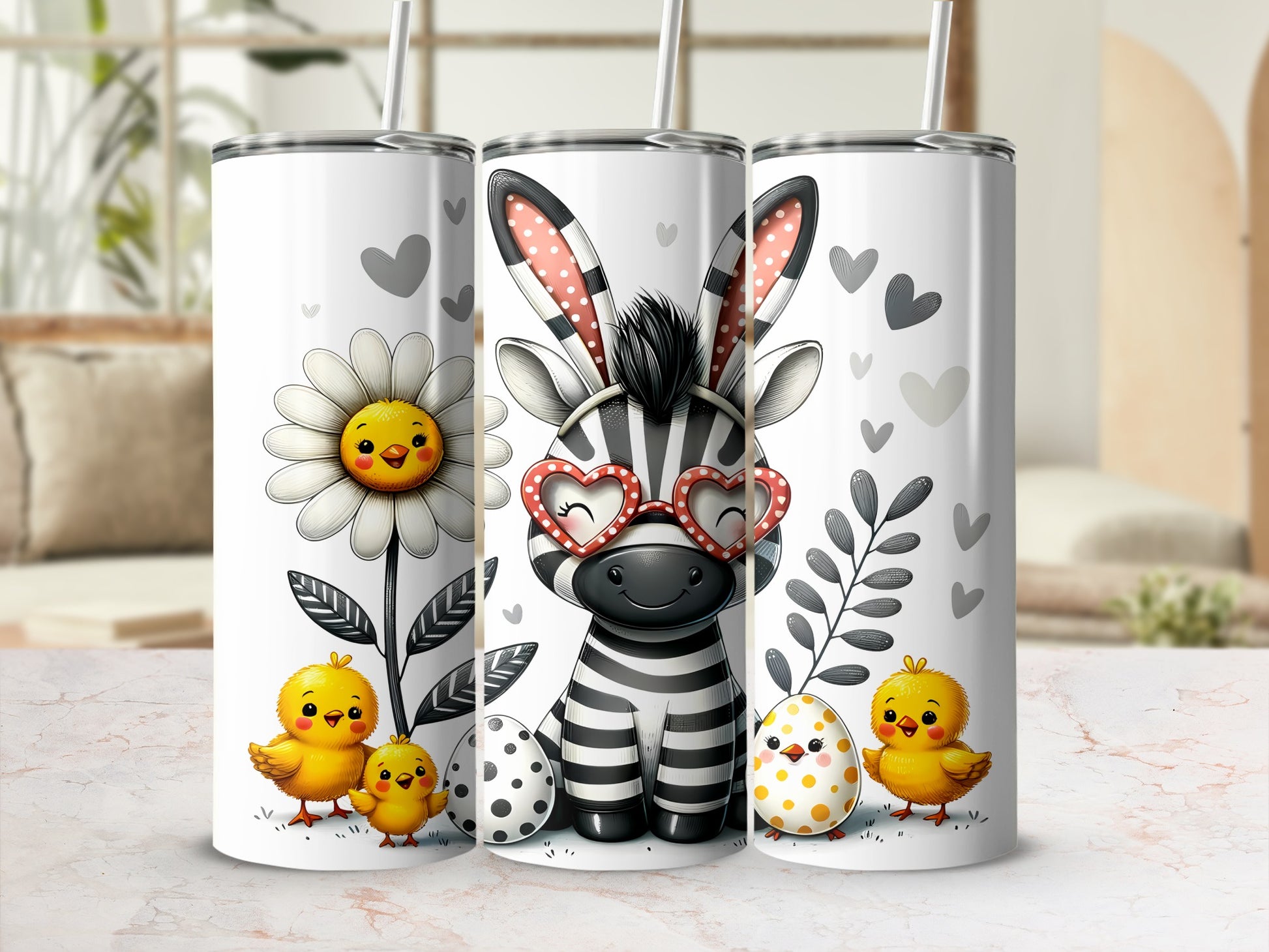 Cartoon zebra with bunny ears, Easter chicks, and daisy on a tumbler.