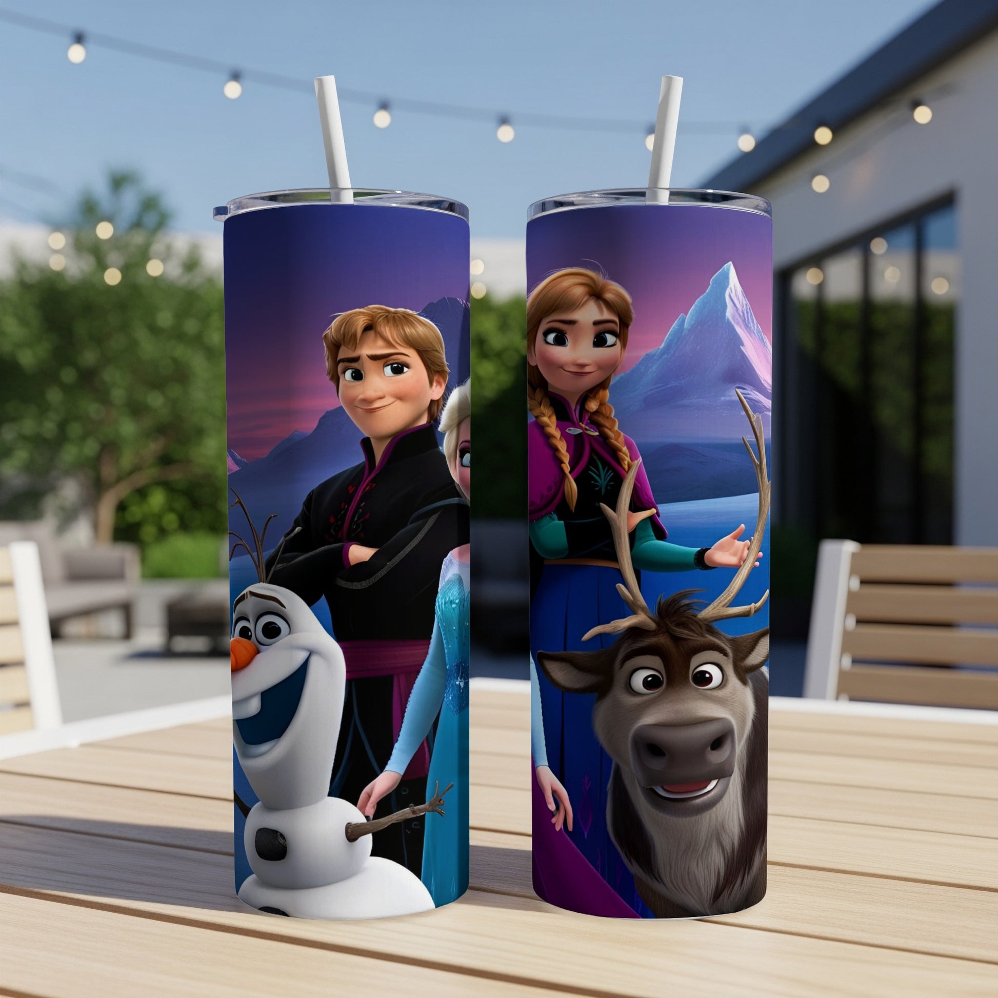 Frozen characters Elsa, Anna, Olaf, and Sven on a tumbler.