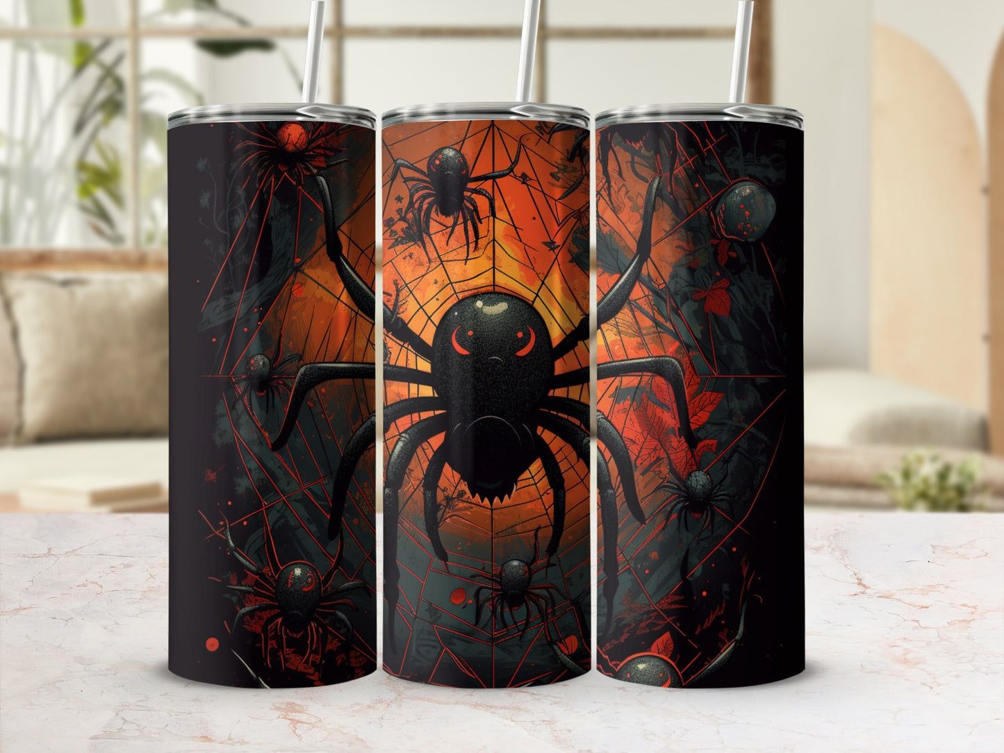 Three tumblers with Halloween spider web and spider art design.
