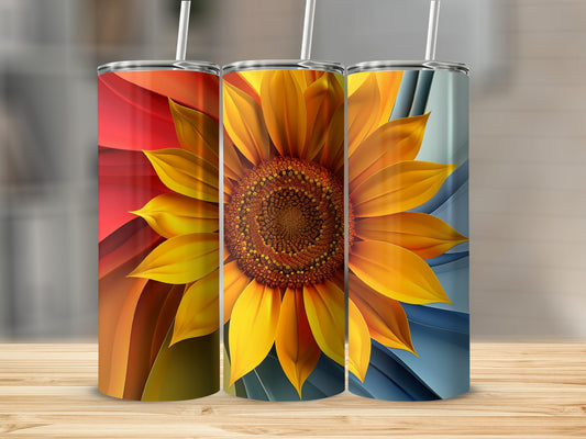 Three tall tumblers with a close-up sunflower design and abstract colorful backgrounds.