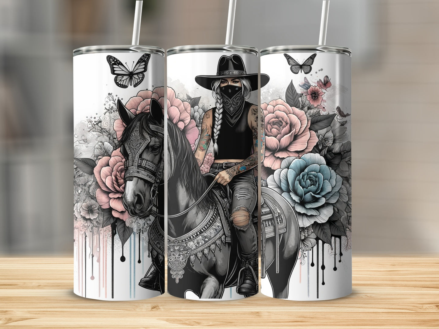 Cowgirl on horseback with butterflies and flowers.
