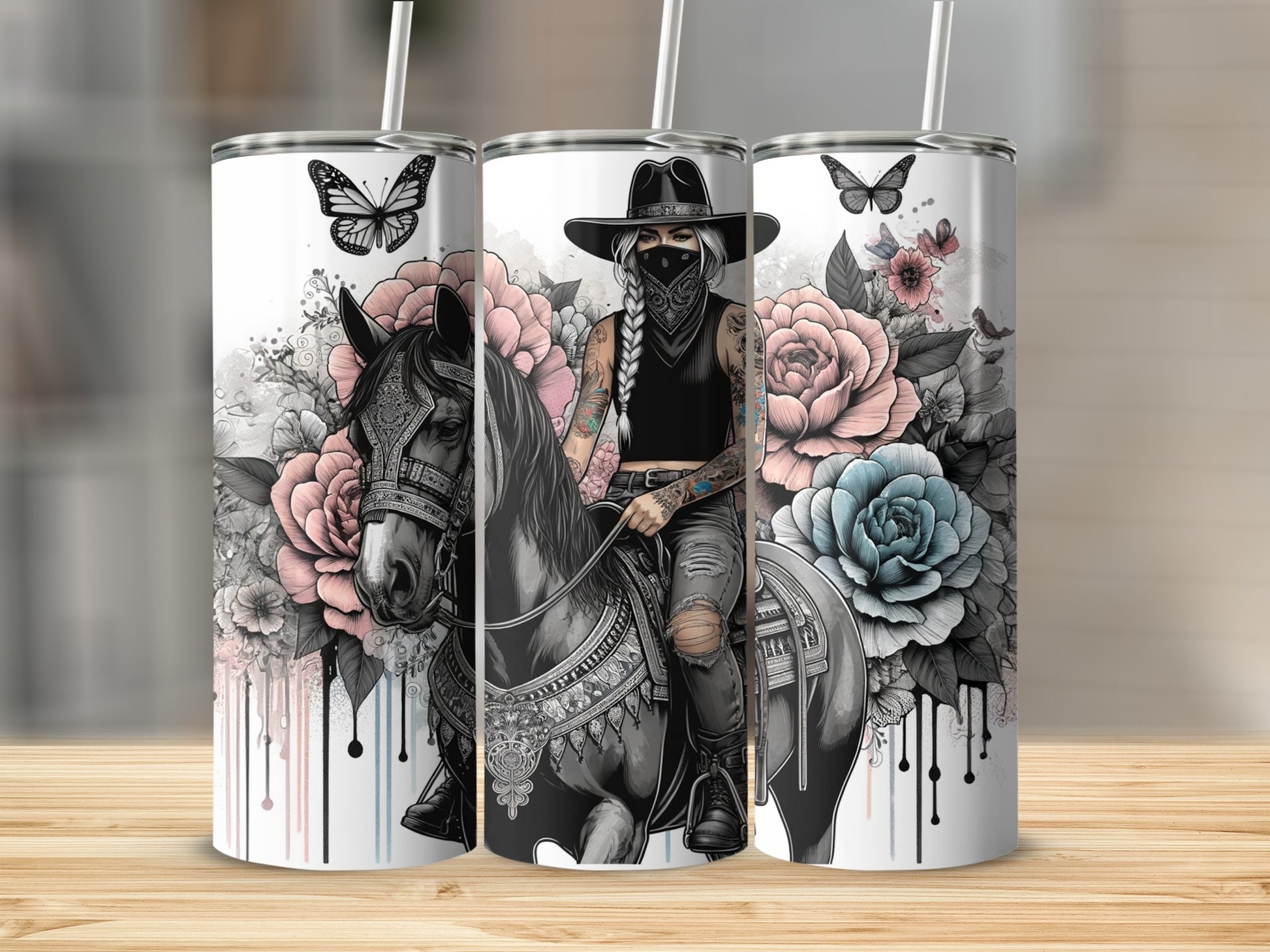 Cowgirl on horseback with butterflies and flowers.