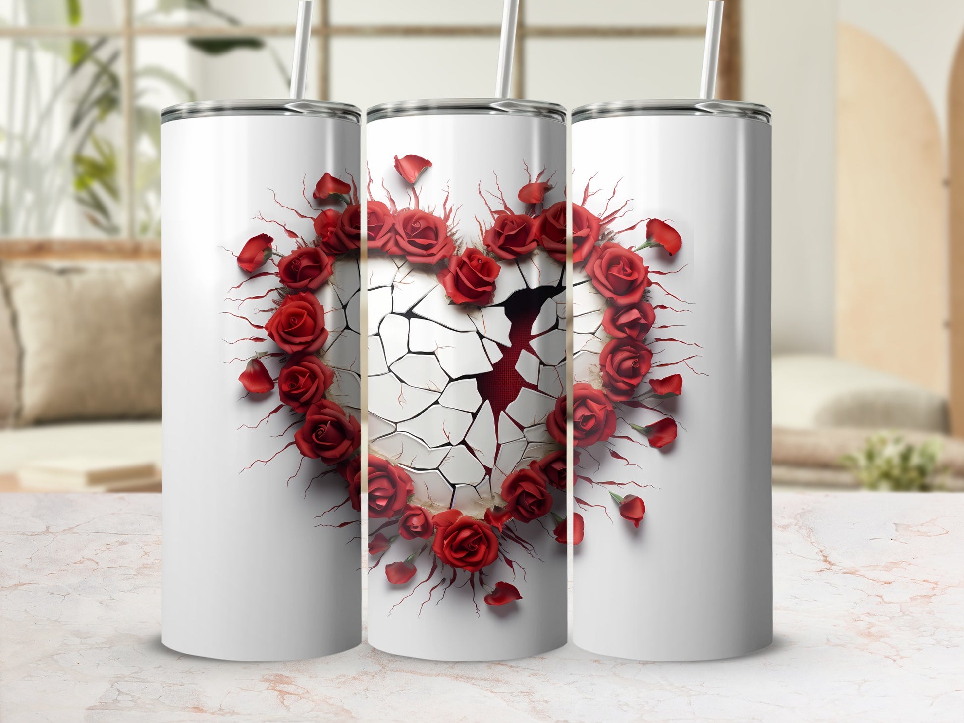Cracked Heart with Red Roses Design Tumbler