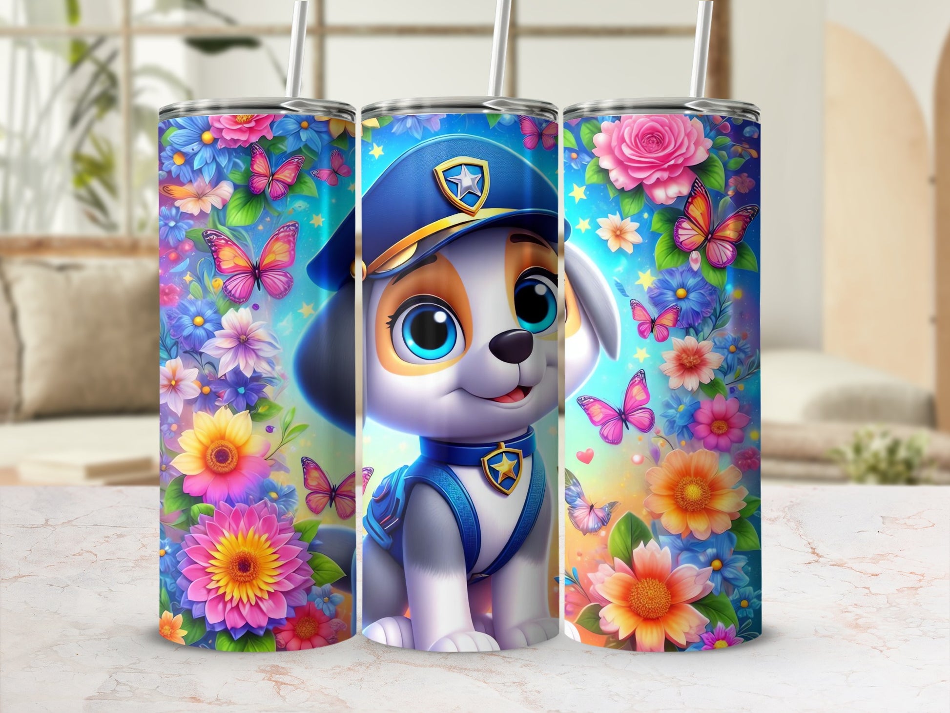Cute Dog with Colorful Butterflies and Flowers Tumbler