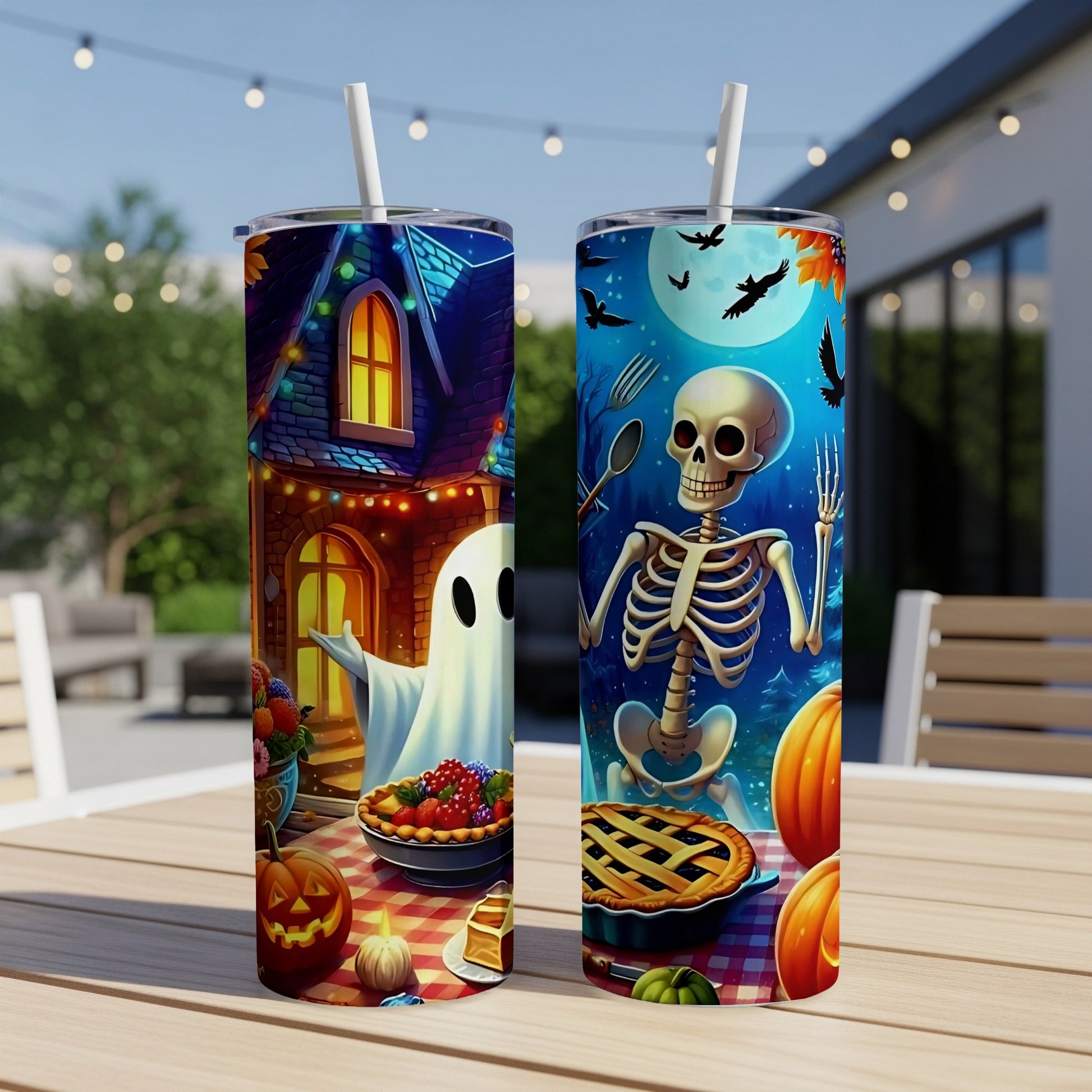 Two tumblers with Halloween designs: a ghost at a haunted house and a skeleton with pies.