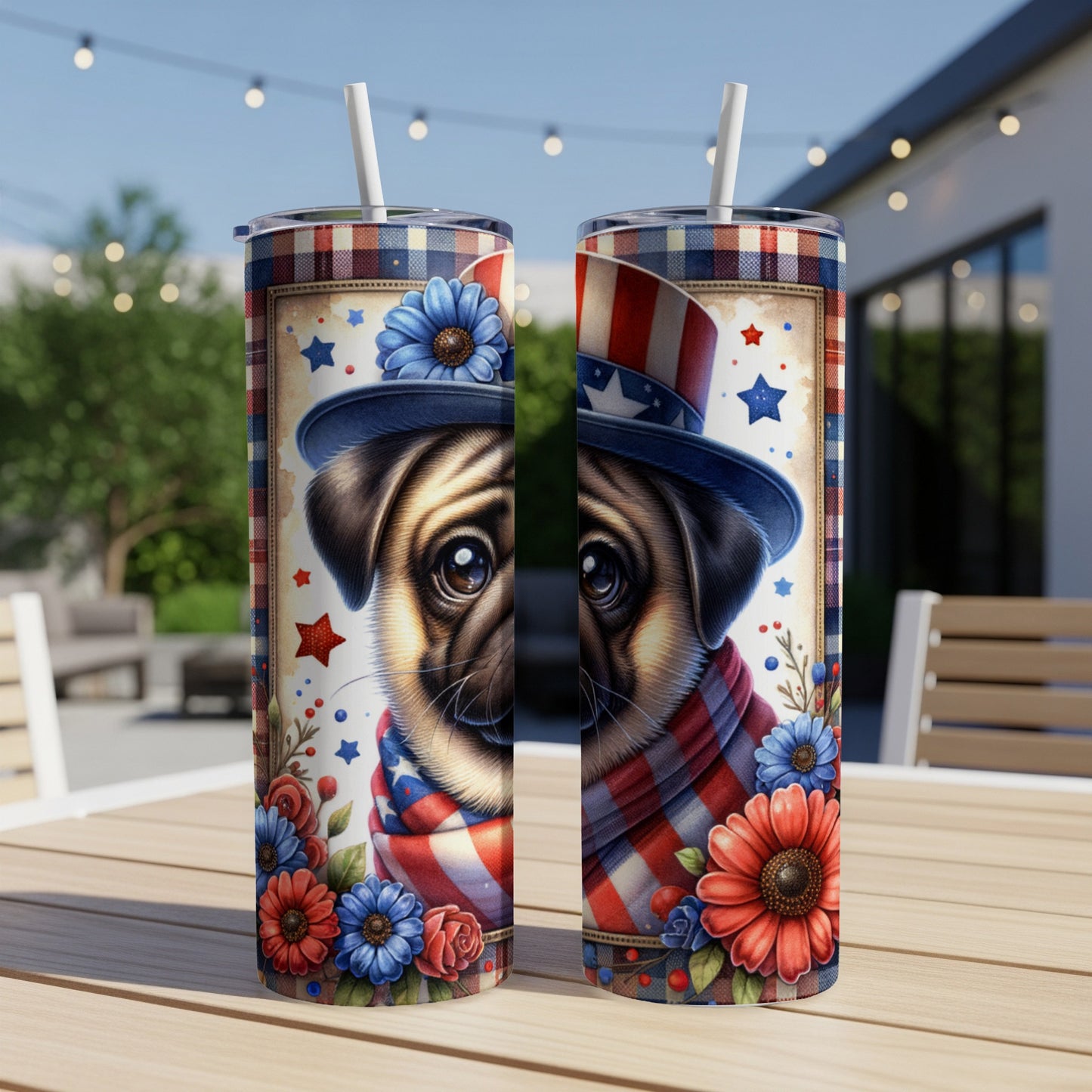 Pug wearing patriotic hat and scarf, surrounded by stars and flowers.
