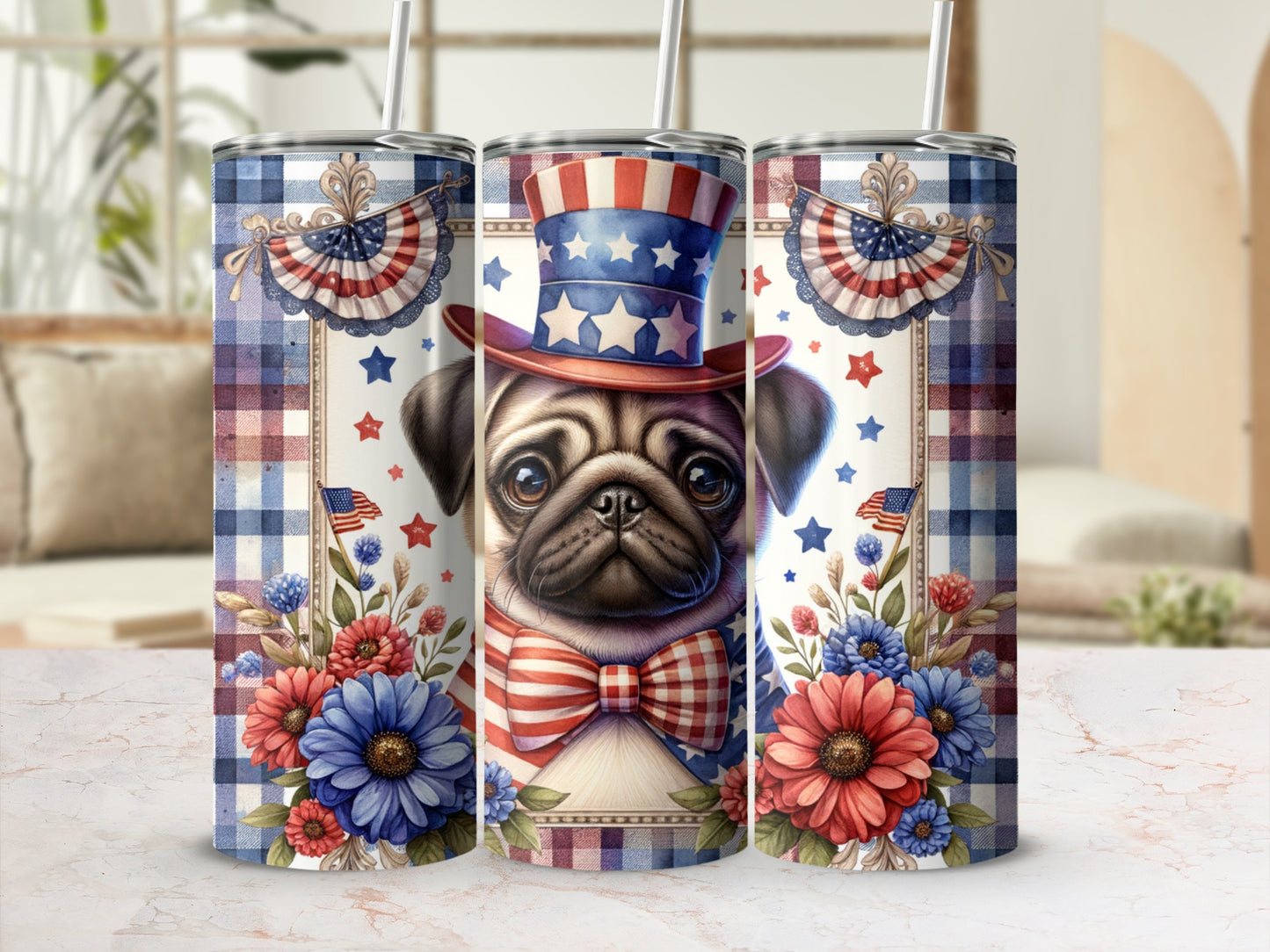 Patriotic pug in a hat and bowtie with floral accents.