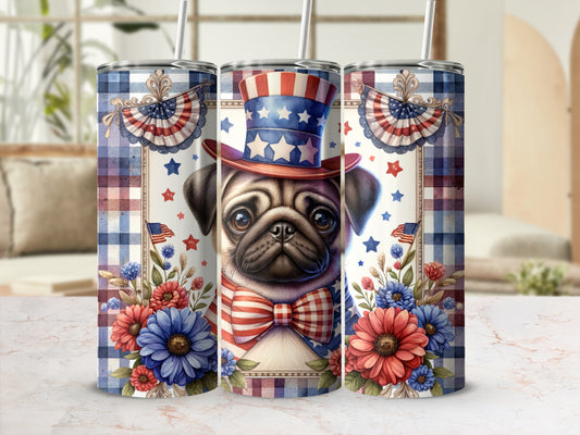Patriotic pug in a hat and bowtie with floral accents.