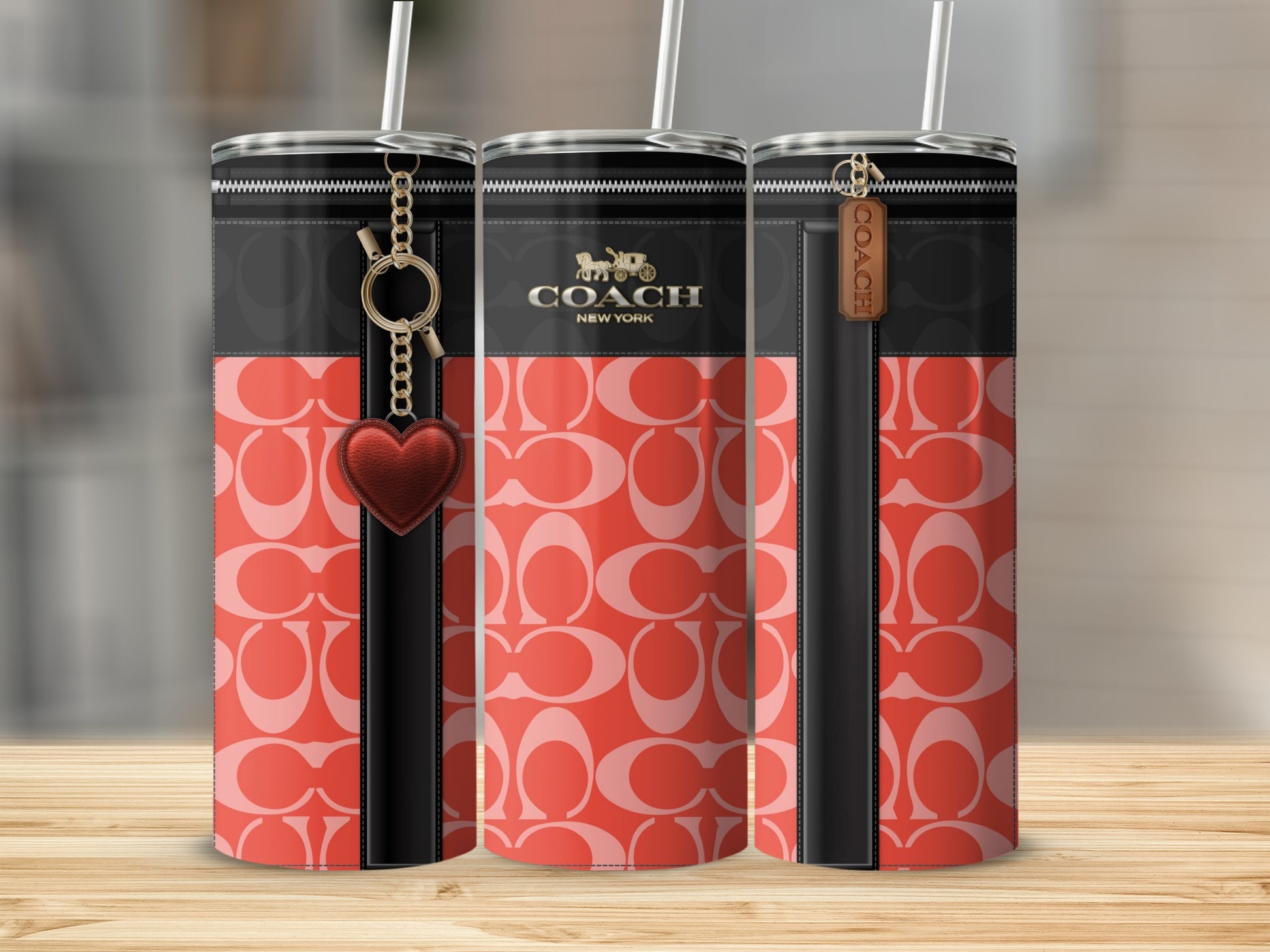 Stylish Red Patterned Tumbler with Heart Charm Accessory