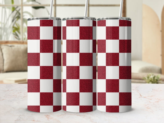 Three tall tumblers with a red and white checkerboard pattern and glitter finish.
