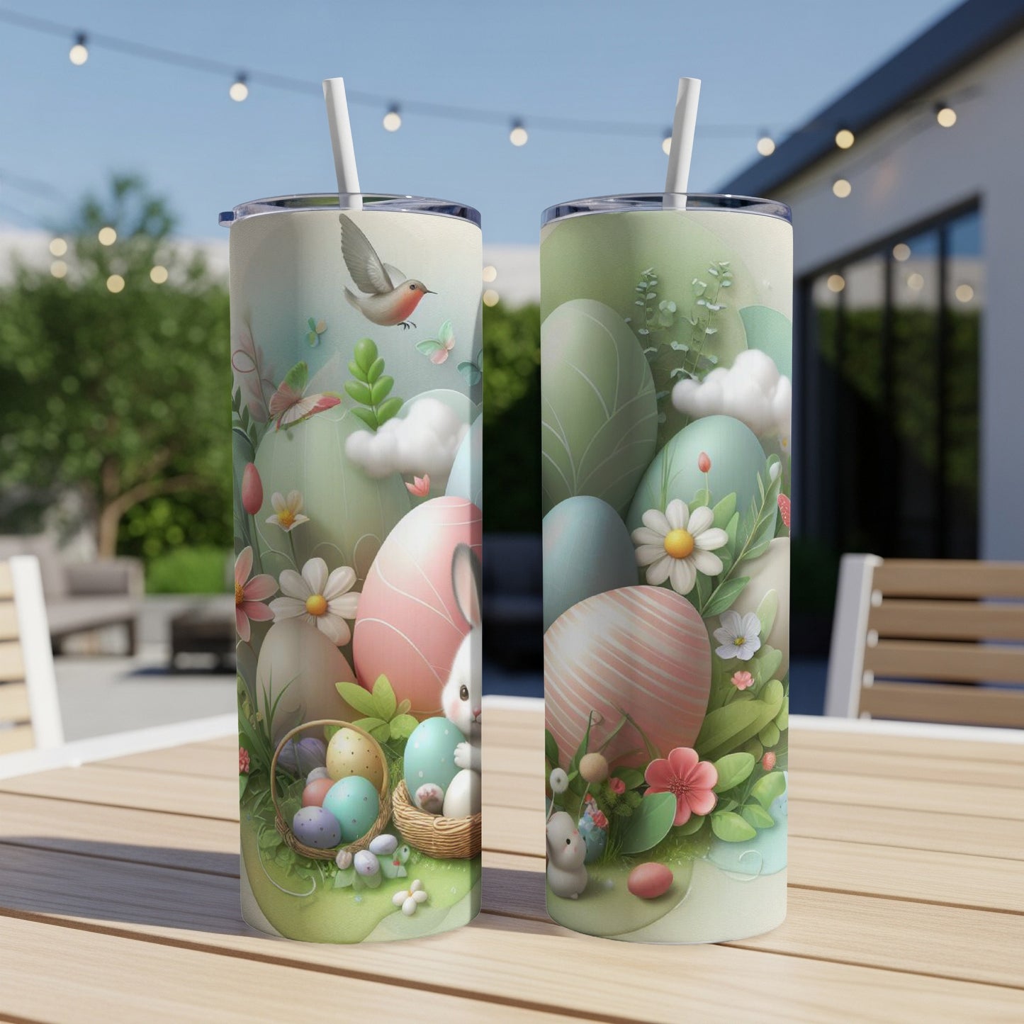Easter-themed tumblers with bunnies, eggs, and flowers on a table.