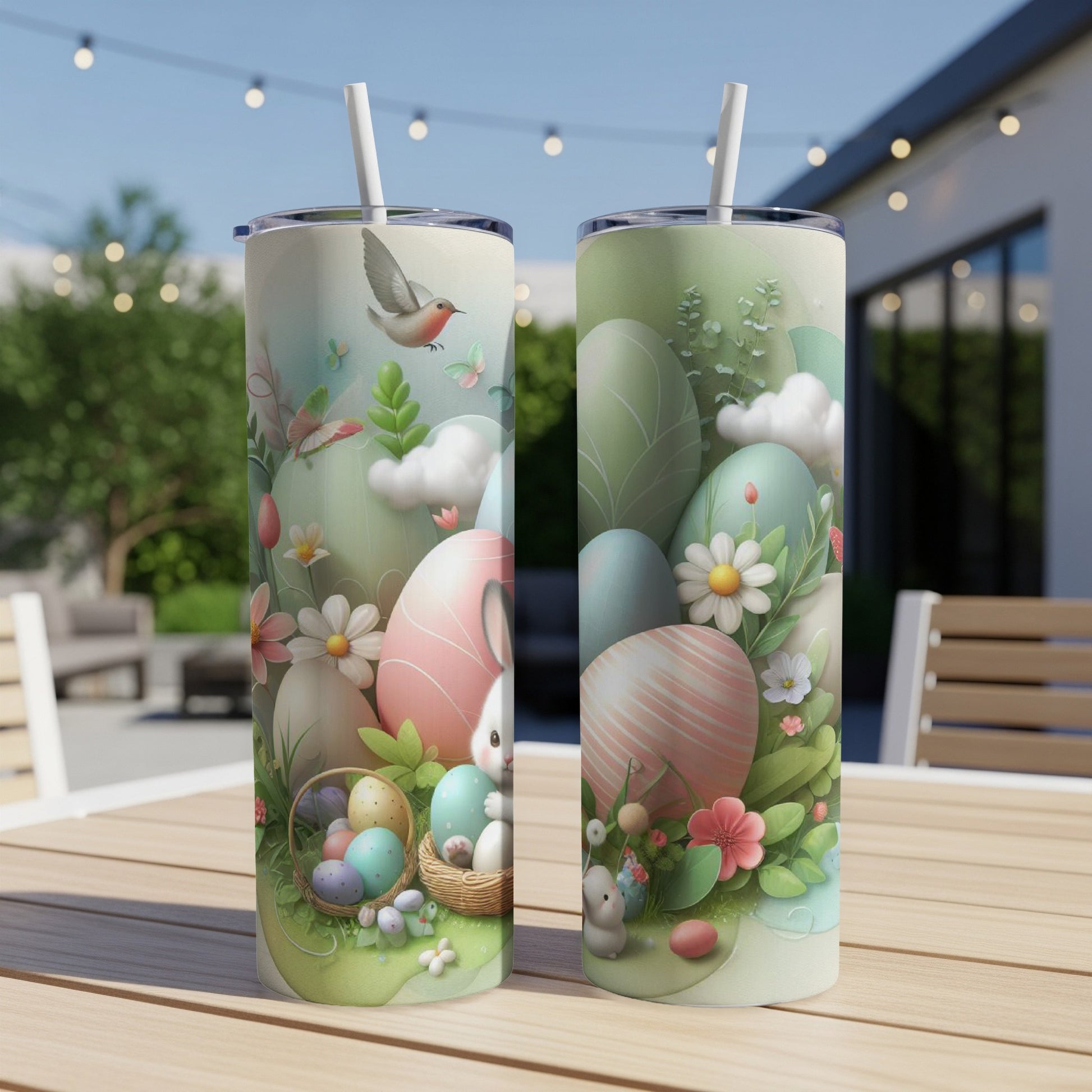 Easter-themed tumblers with bunnies, eggs, and flowers on a table.