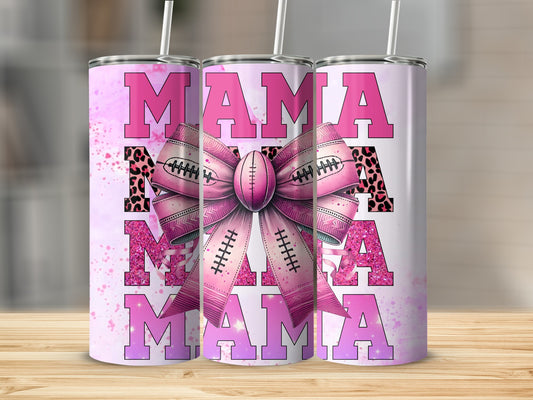 Tumbler with "MAMA" repeated, featuring pink glitter and a football bow.