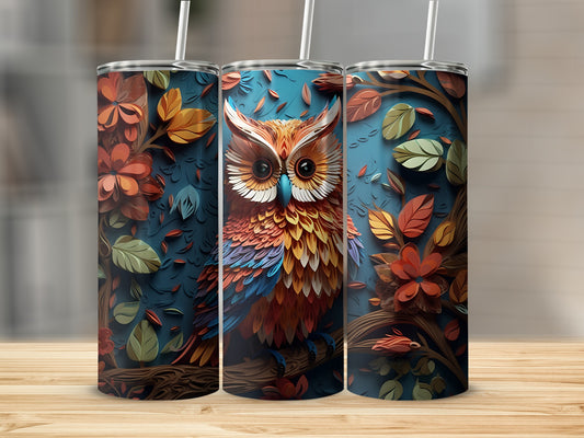 Three tumblers featuring a colorful owl design with autumn leaves and branches.
