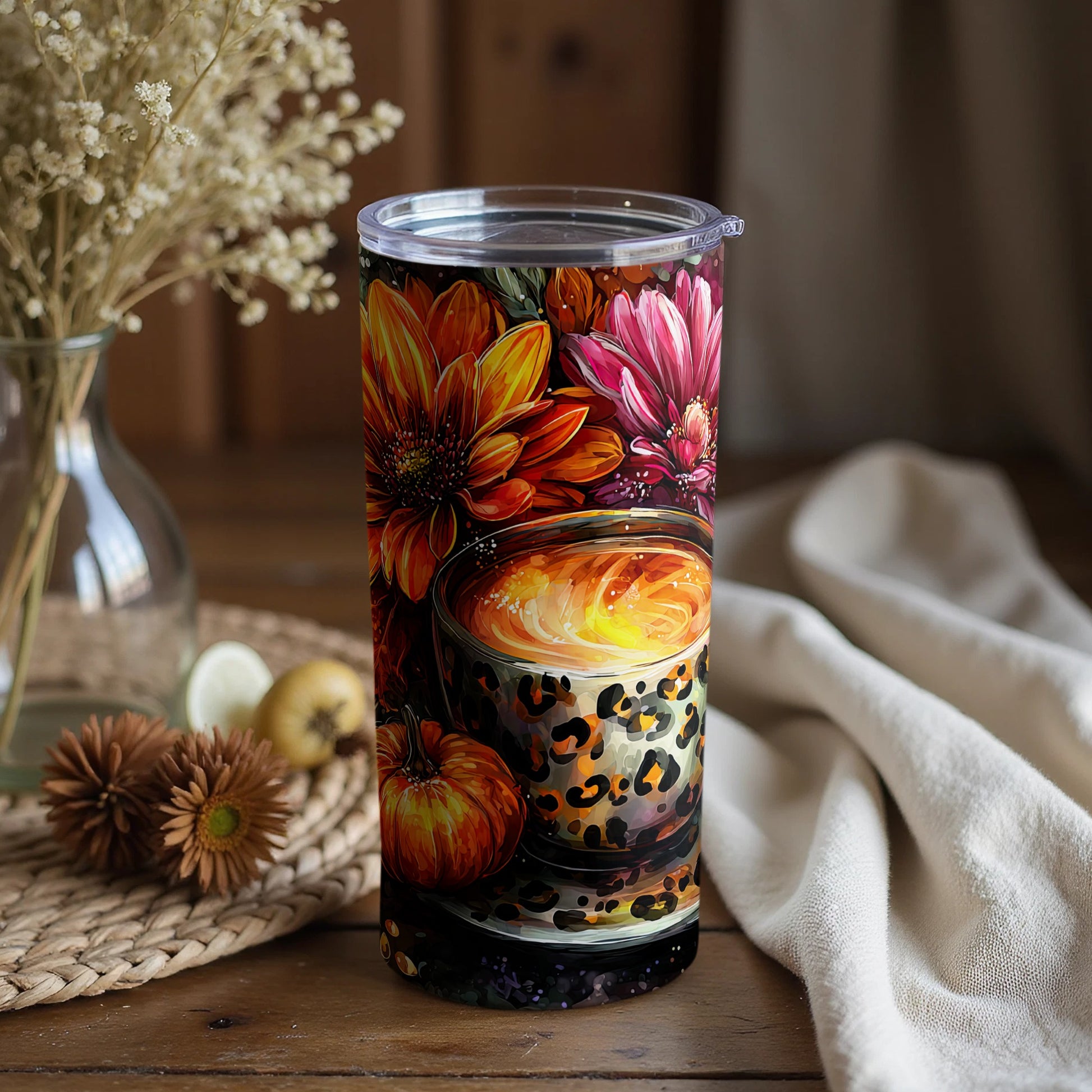 Autumn Floral and Leopard Print Insulated Tumbler