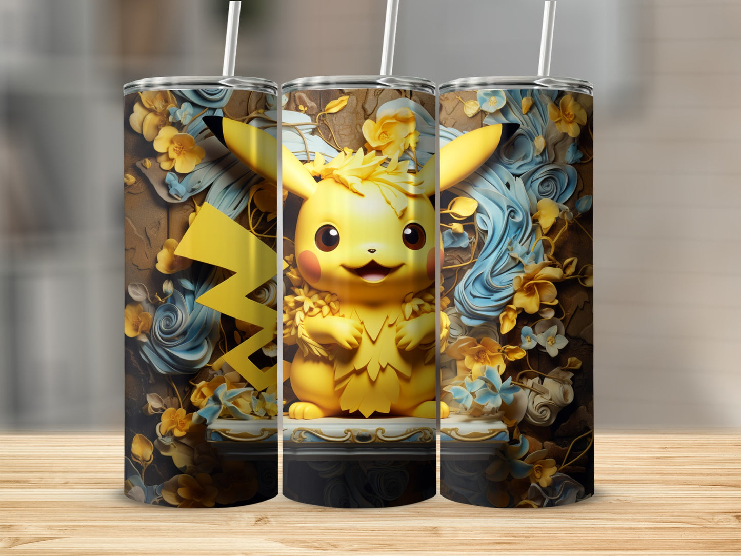 Vibrant Pikachu Floral Travel Tumbler Design