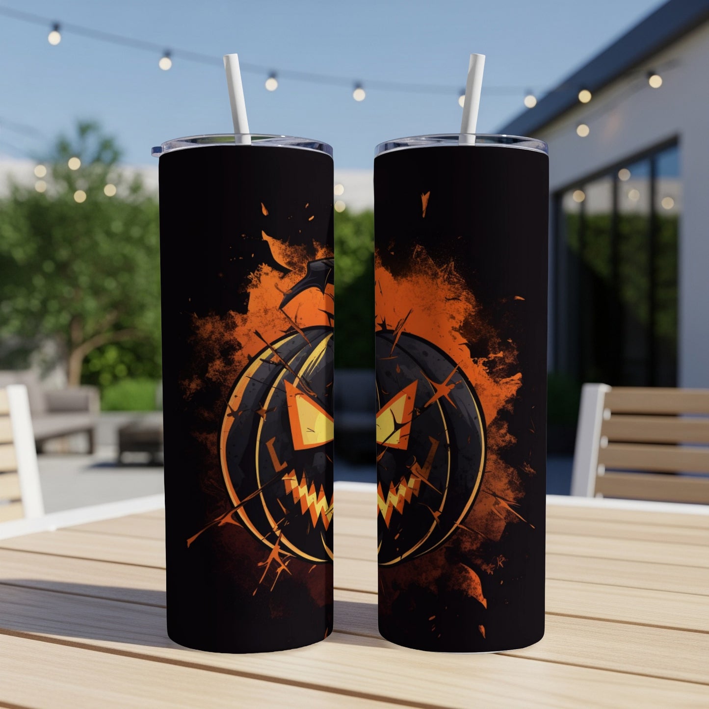 Two tumblers with a distressed jack-o-lantern Halloween design and white straws.