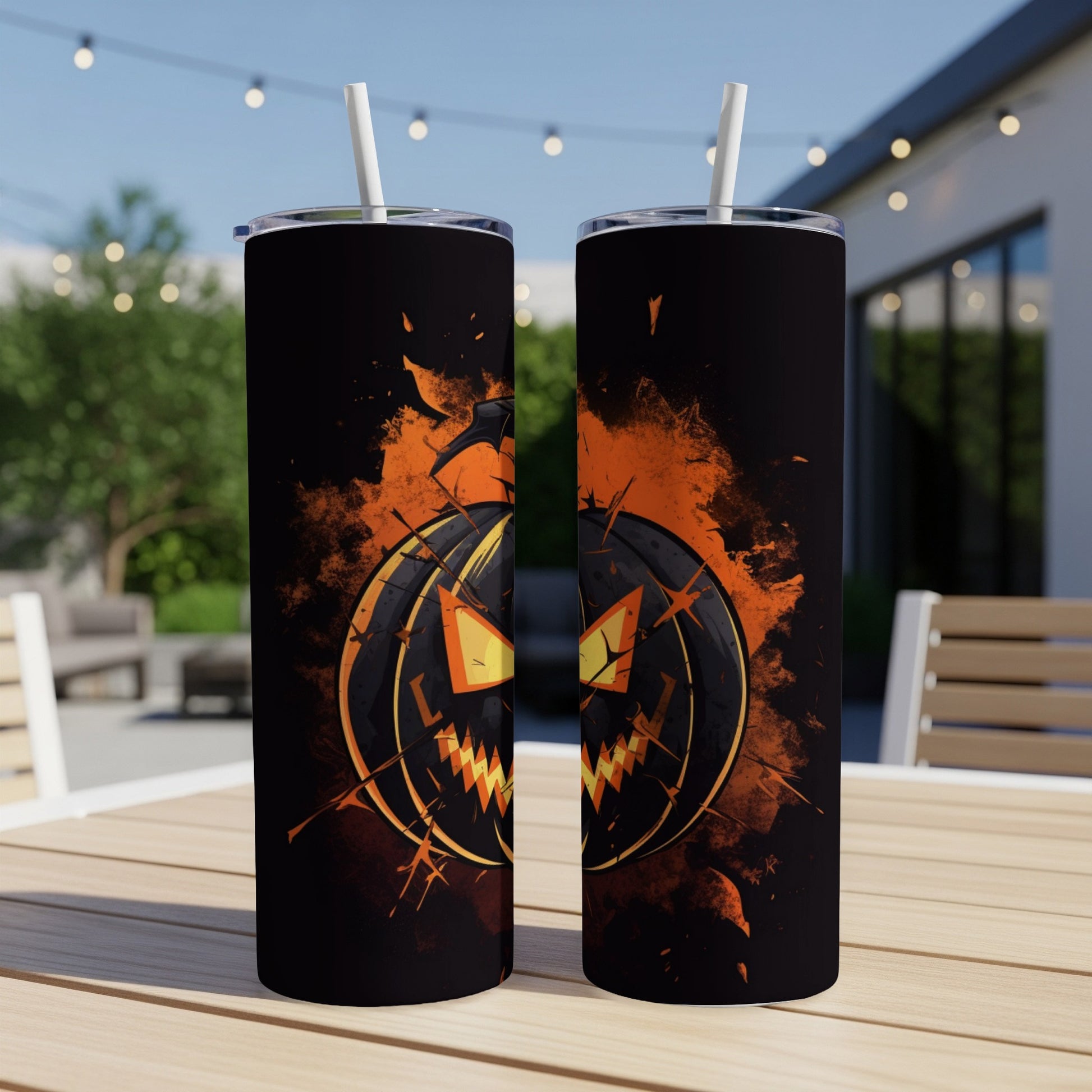 Two tumblers with a distressed jack-o-lantern Halloween design and white straws.