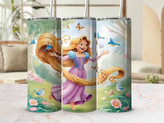 Tangled's Rapunzel with long blonde hair, butterflies, and bluebirds.