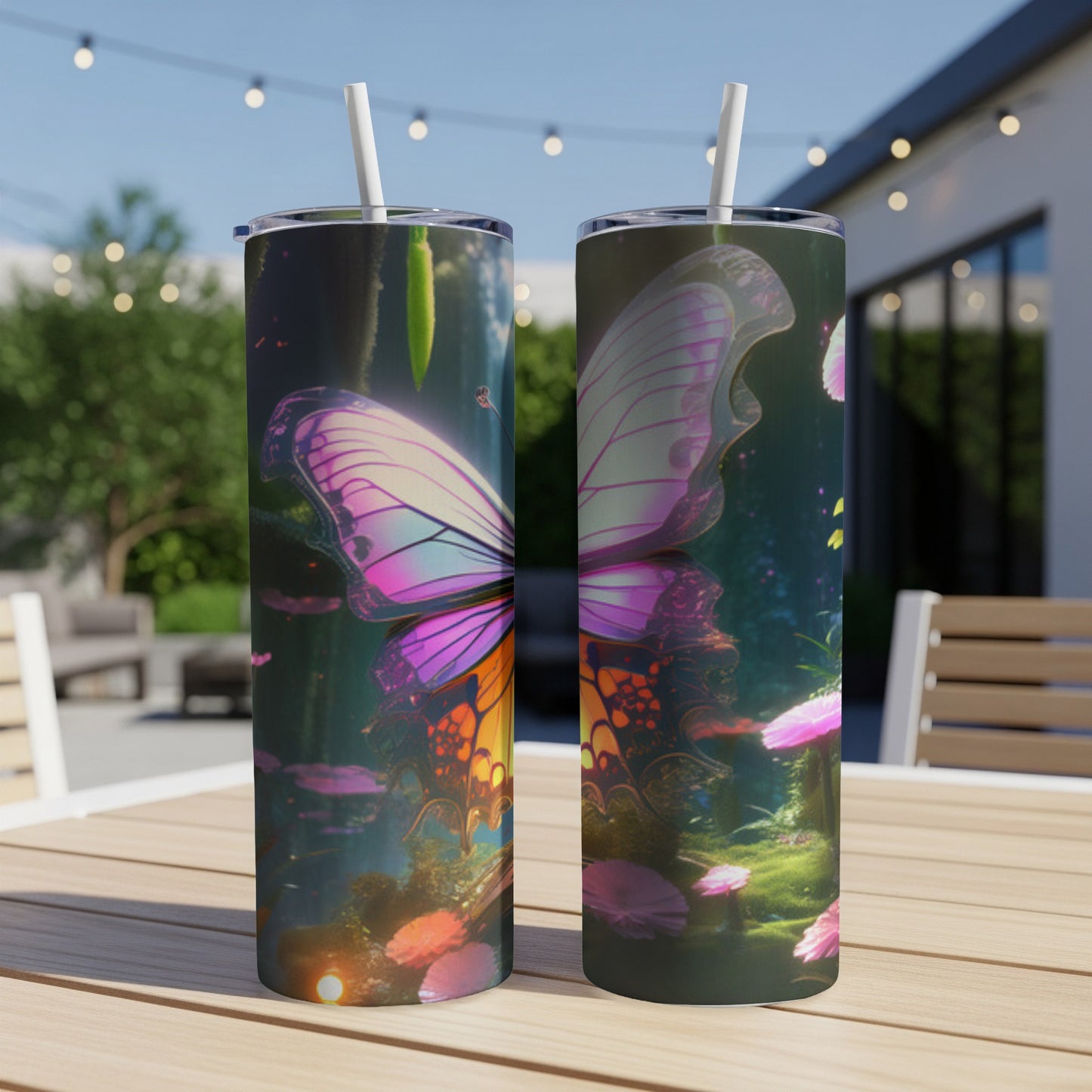Two tumblers with a butterfly and floral design on a table outdoors.