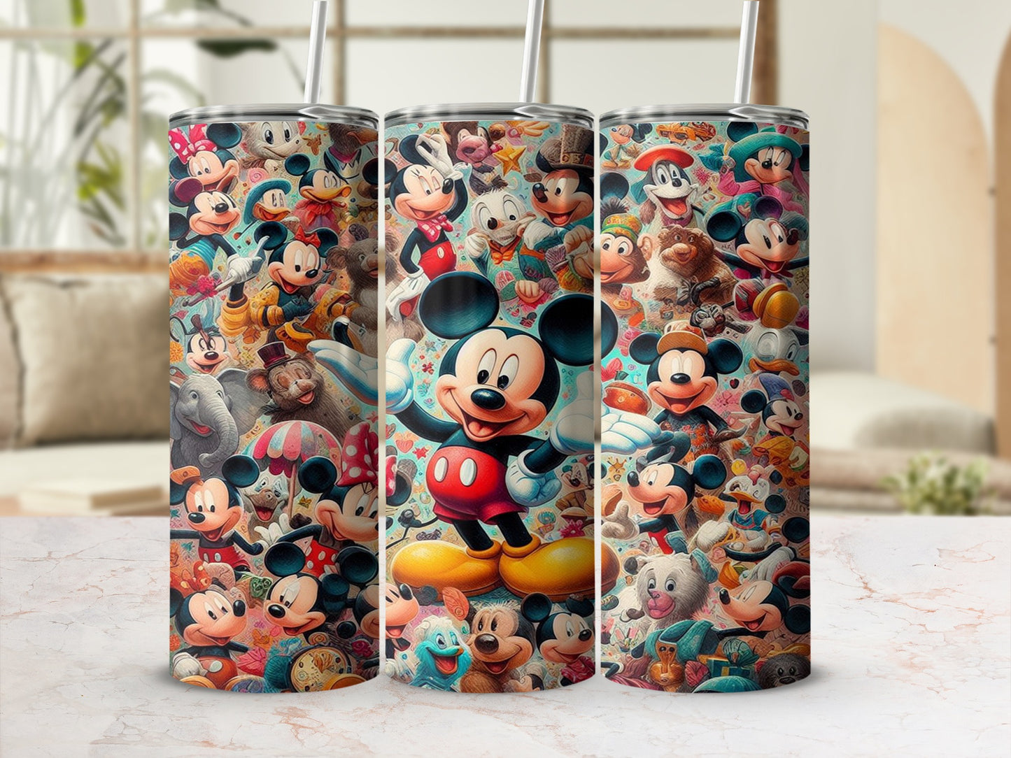 Triptych of tumblers featuring a collage of Mickey Mouse characters and patterns.