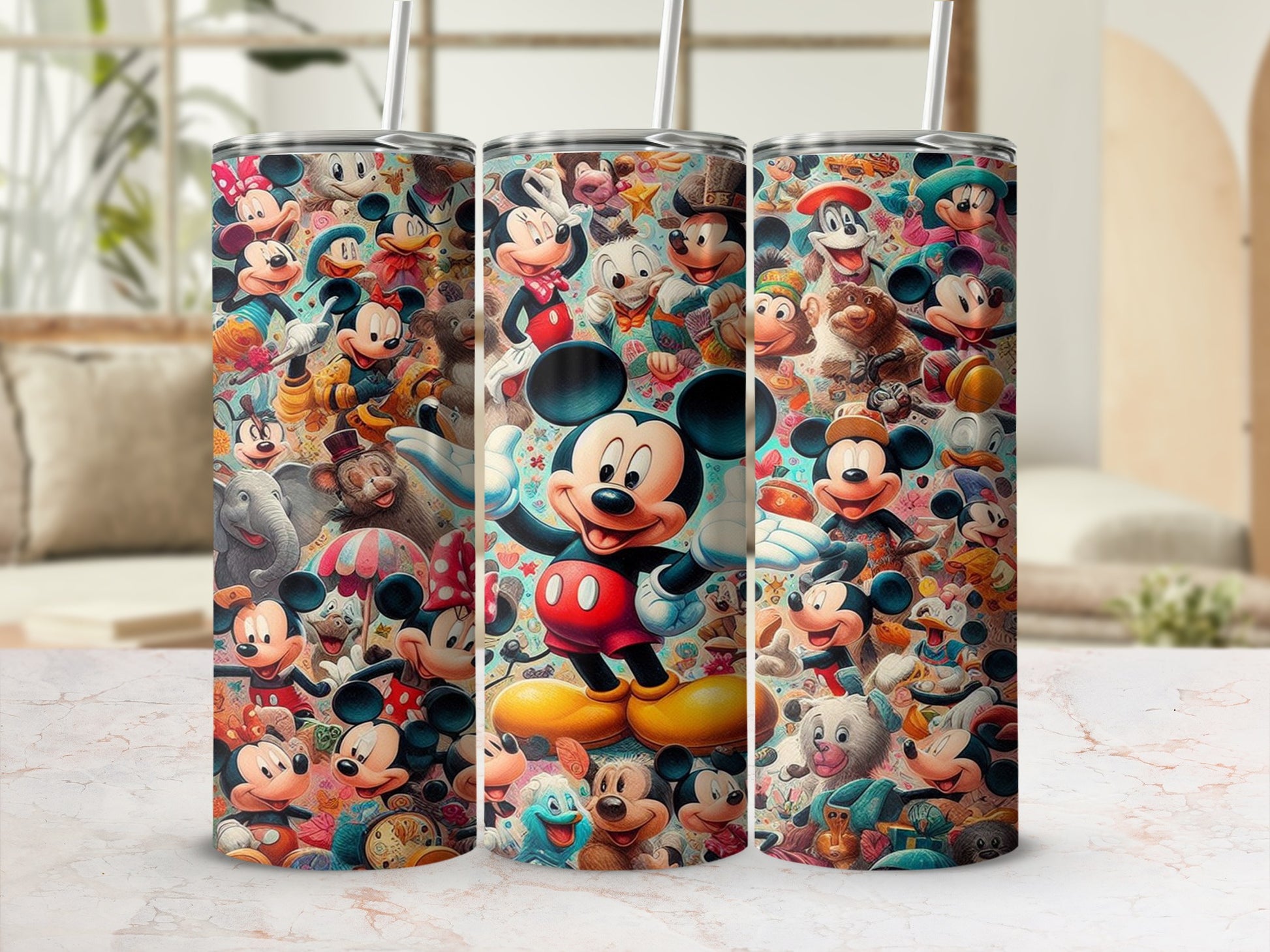 Triptych of tumblers featuring a collage of Mickey Mouse characters and patterns.