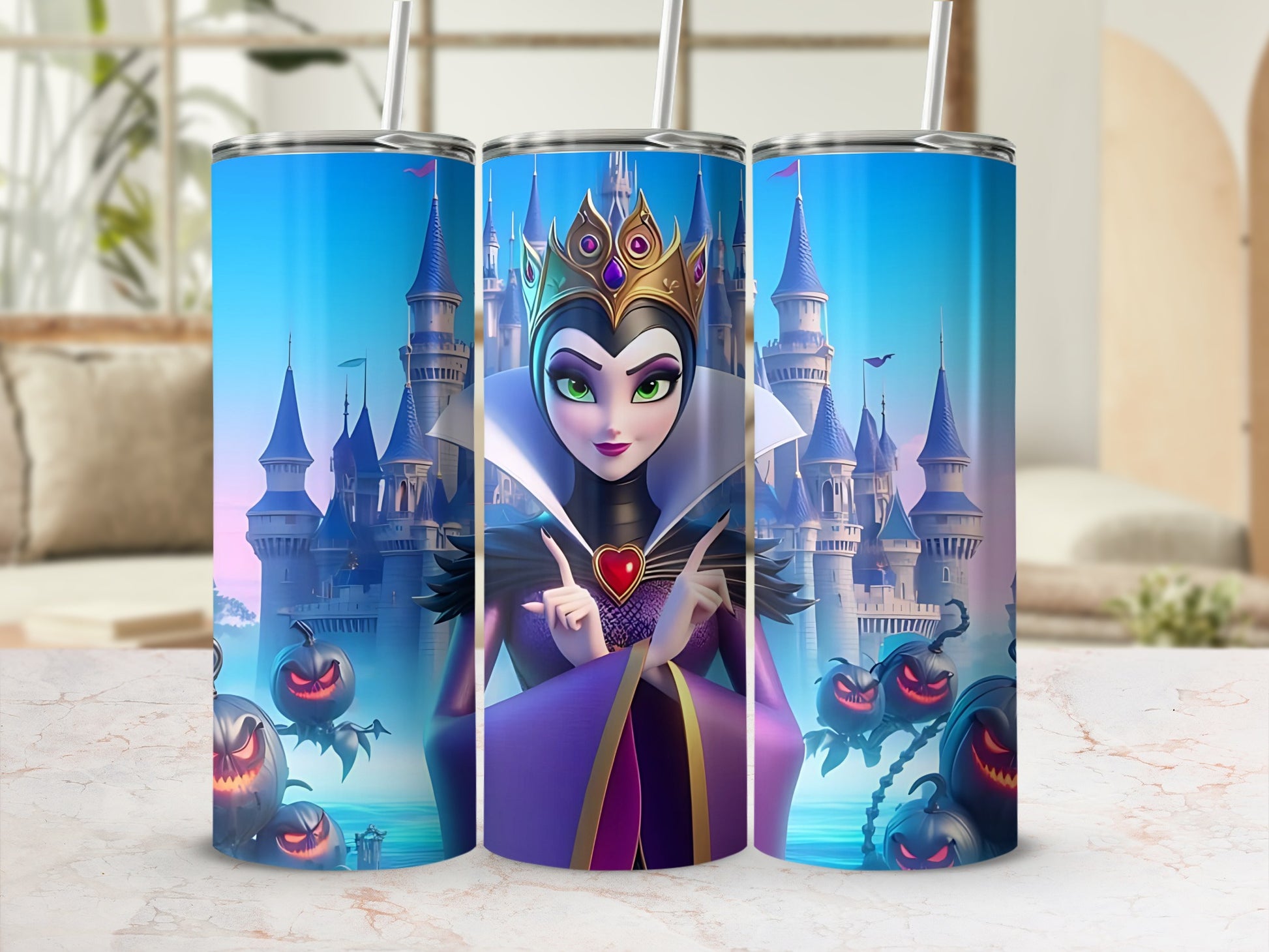 Evil Queen and Castle Design Tumbler Cup with Straw