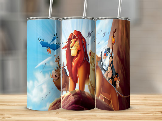 The Lion King characters Simba, Nala, Timon, Pumbaa, and Rafiki on three tumblers.