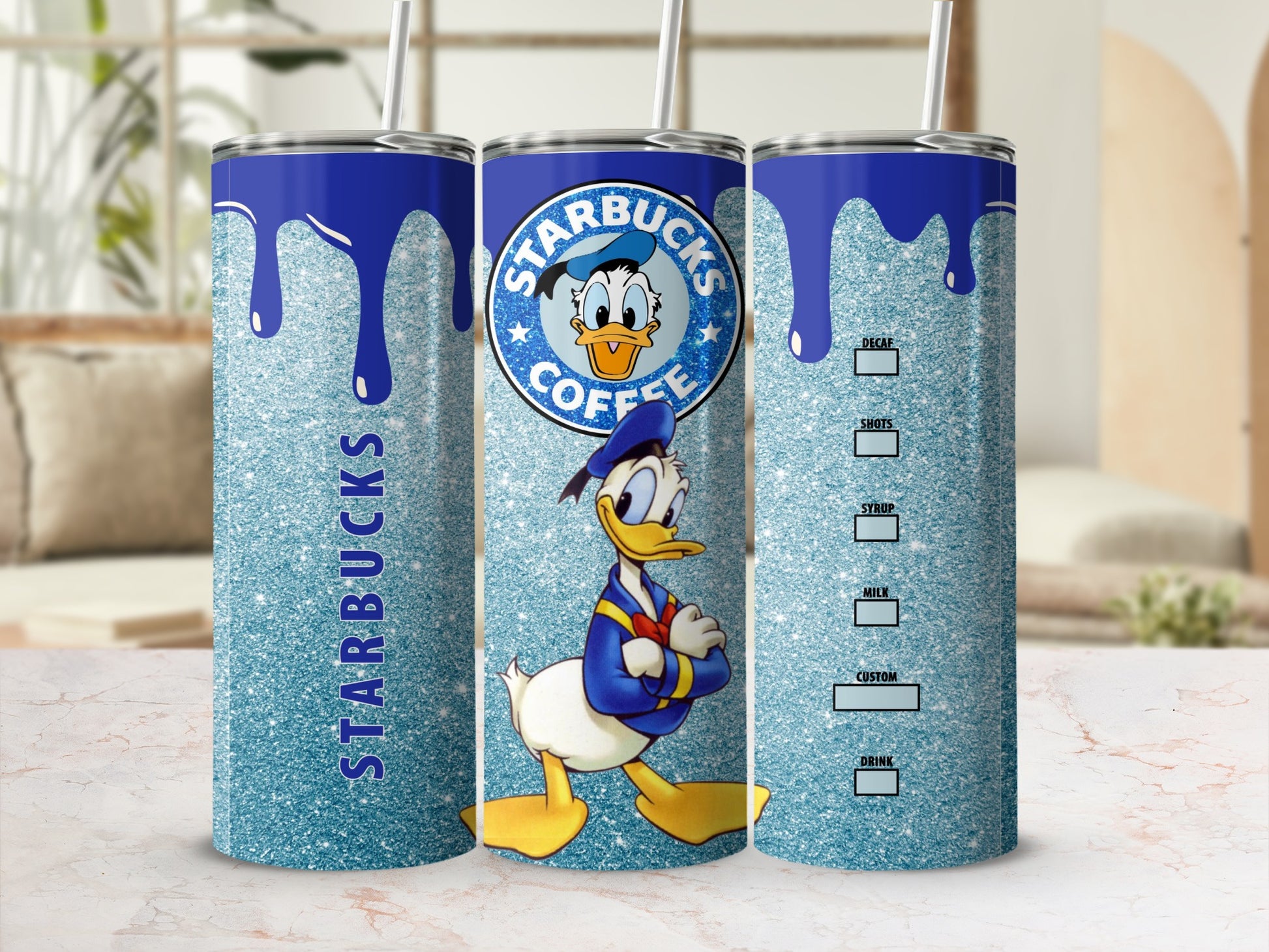 Donald Duck Blue Glitter Starbucks Coffee Tumbler