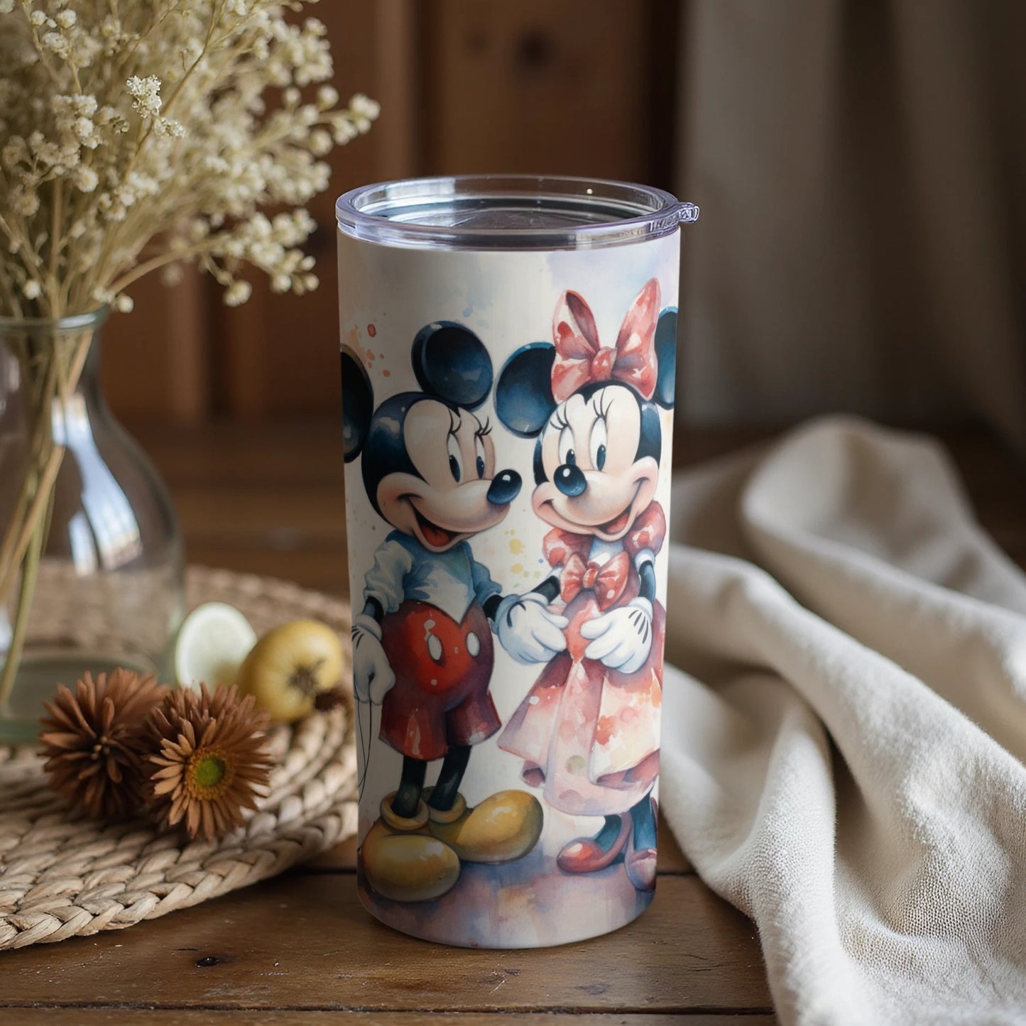 Mickey and Minnie Mouse Tumbler with Floral Decoration