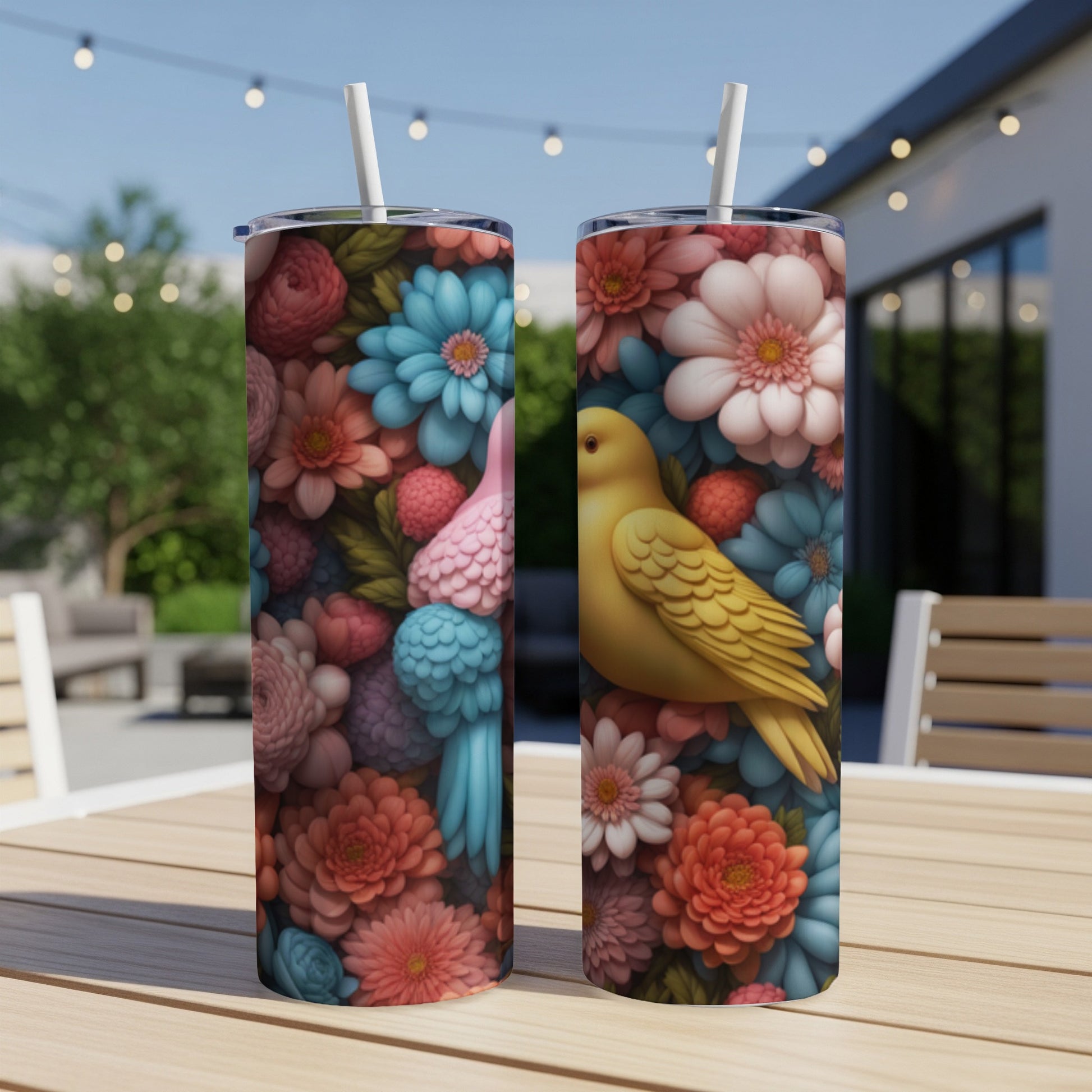 Two tumblers featuring a yellow bird among colorful floral illustrations.