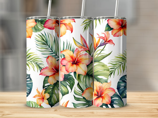 Three tumblers with a tropical hibiscus flower and palm leaf design.