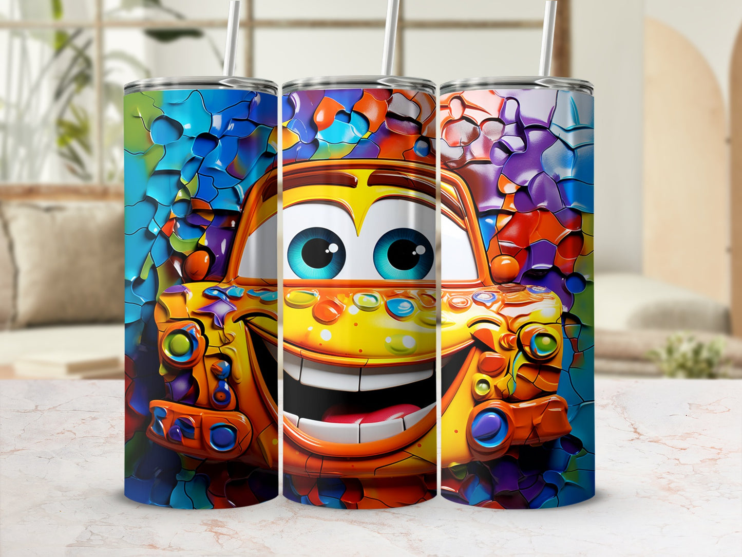 Vibrant Cartoon Car Design Tumbler with Straw Drinkware