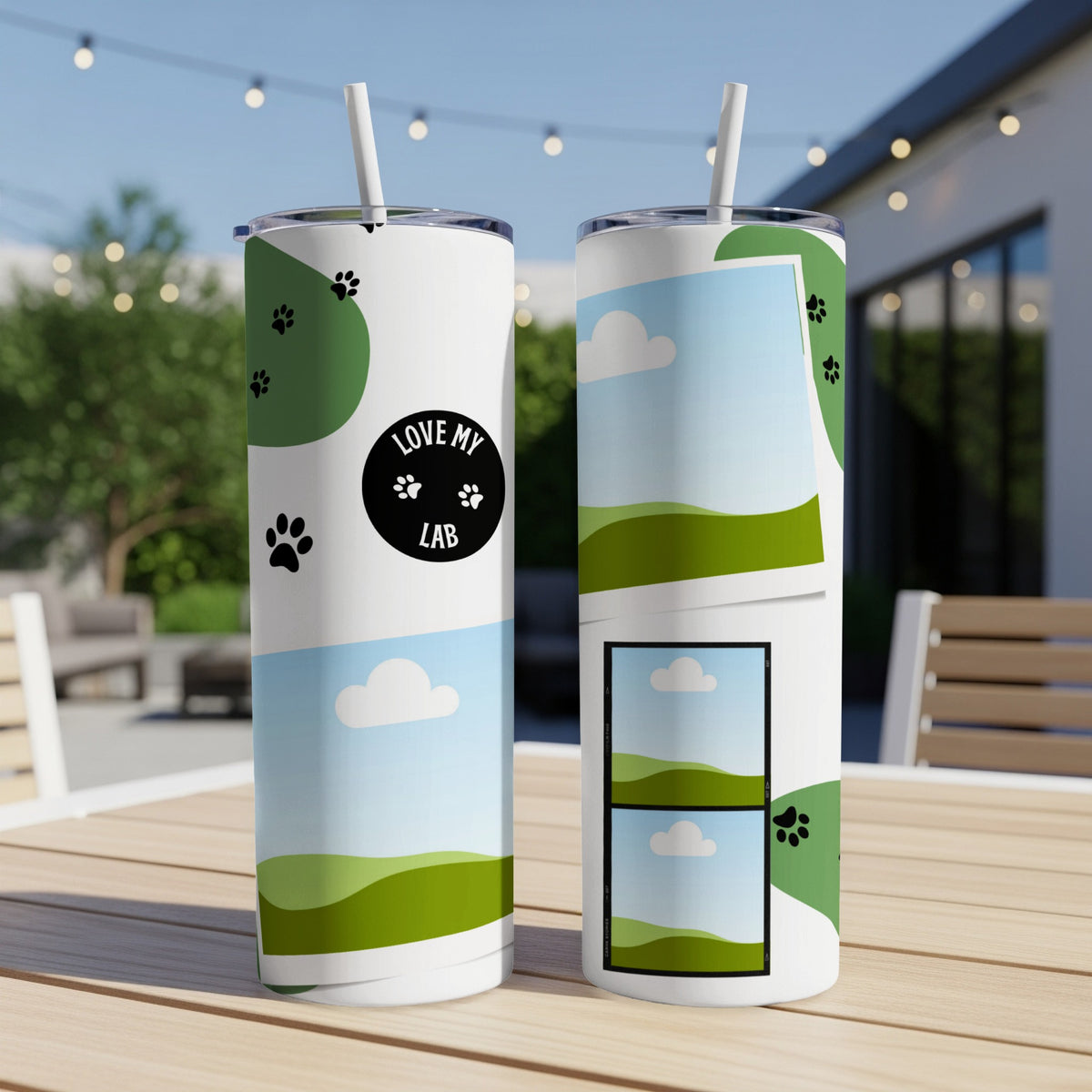 White tumblers with paw prints and "Love My Lab" text.