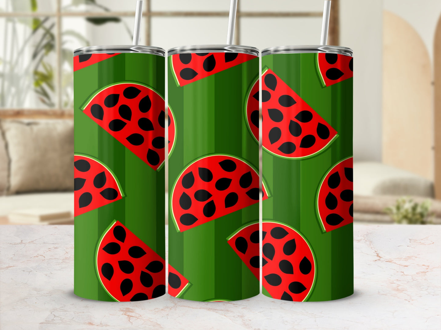 Three tumblers with a repeating watermelon slice pattern on a green striped background.