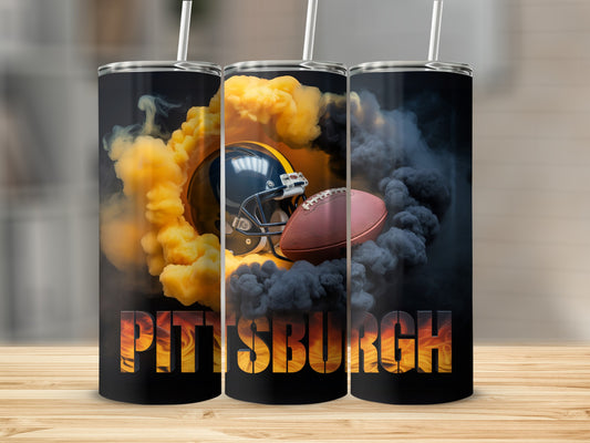 Pittsburgh Steelers tumbler with football helmet and smoke design.
