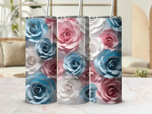 Three tumblers with layered paper rose floral designs in pink, blue, and white.