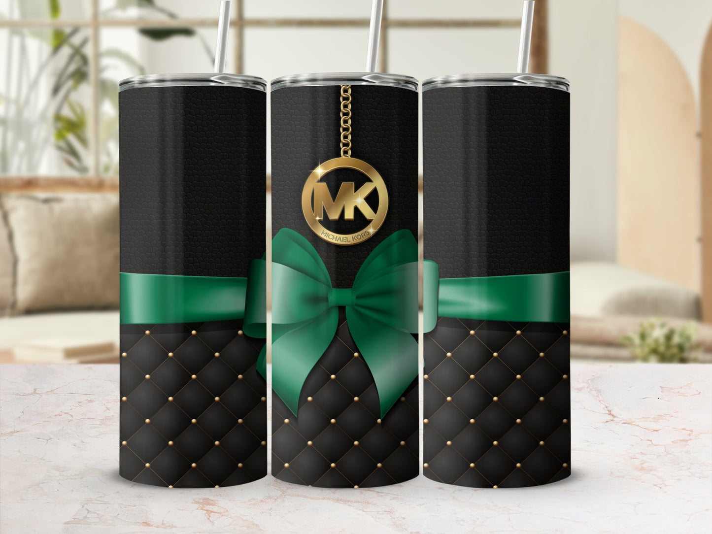 Elegant Black and Gold Tumbler with Green Bow Design