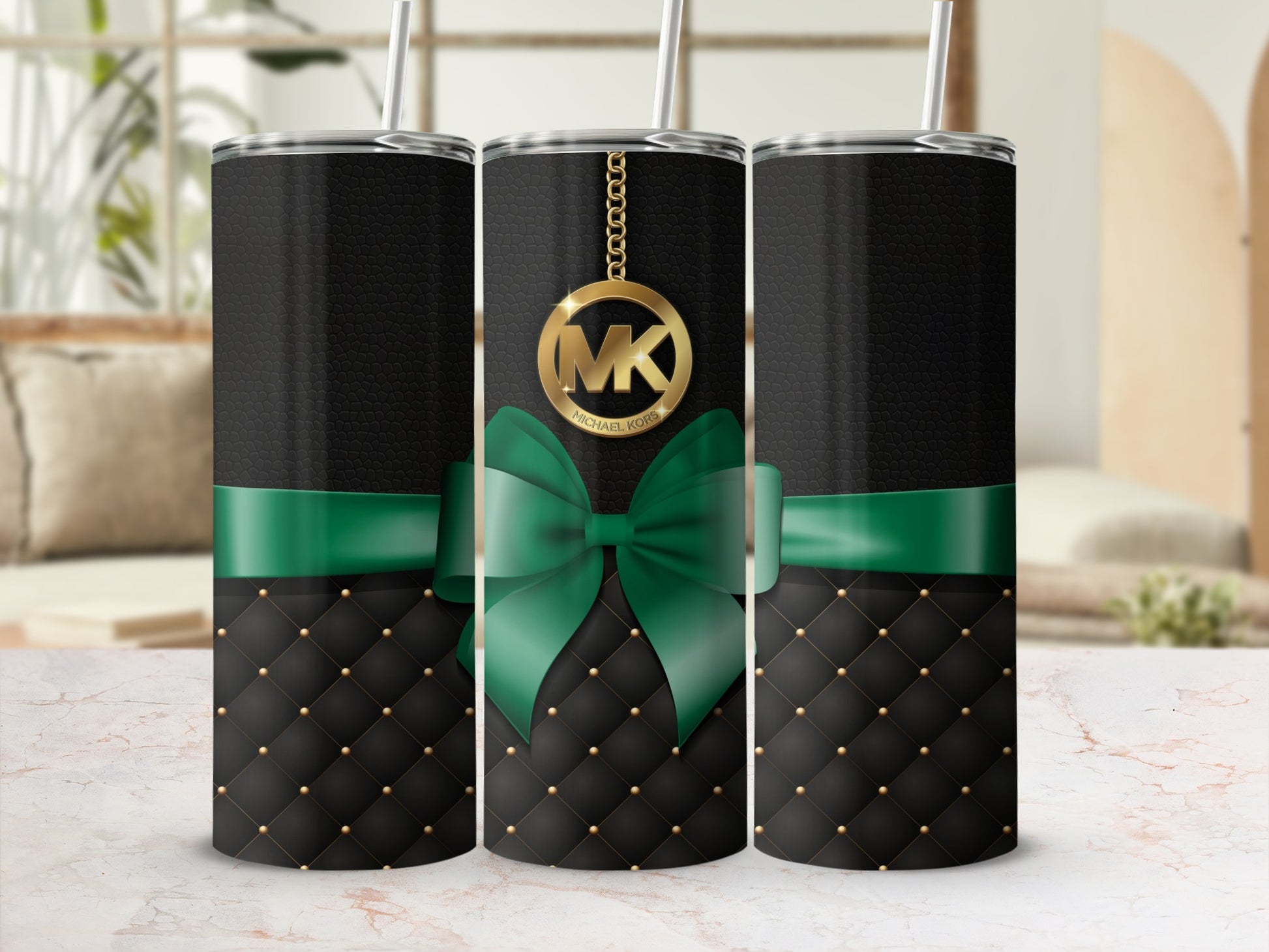 Elegant Black and Gold Tumbler with Green Bow Design