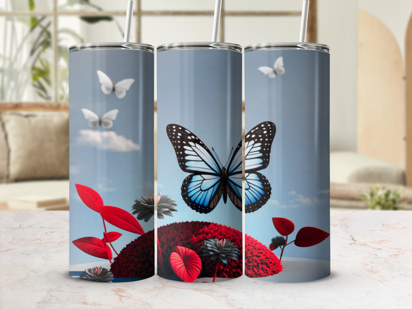 Tall tumbler with a vibrant blue butterfly and red flora against a sky background.
