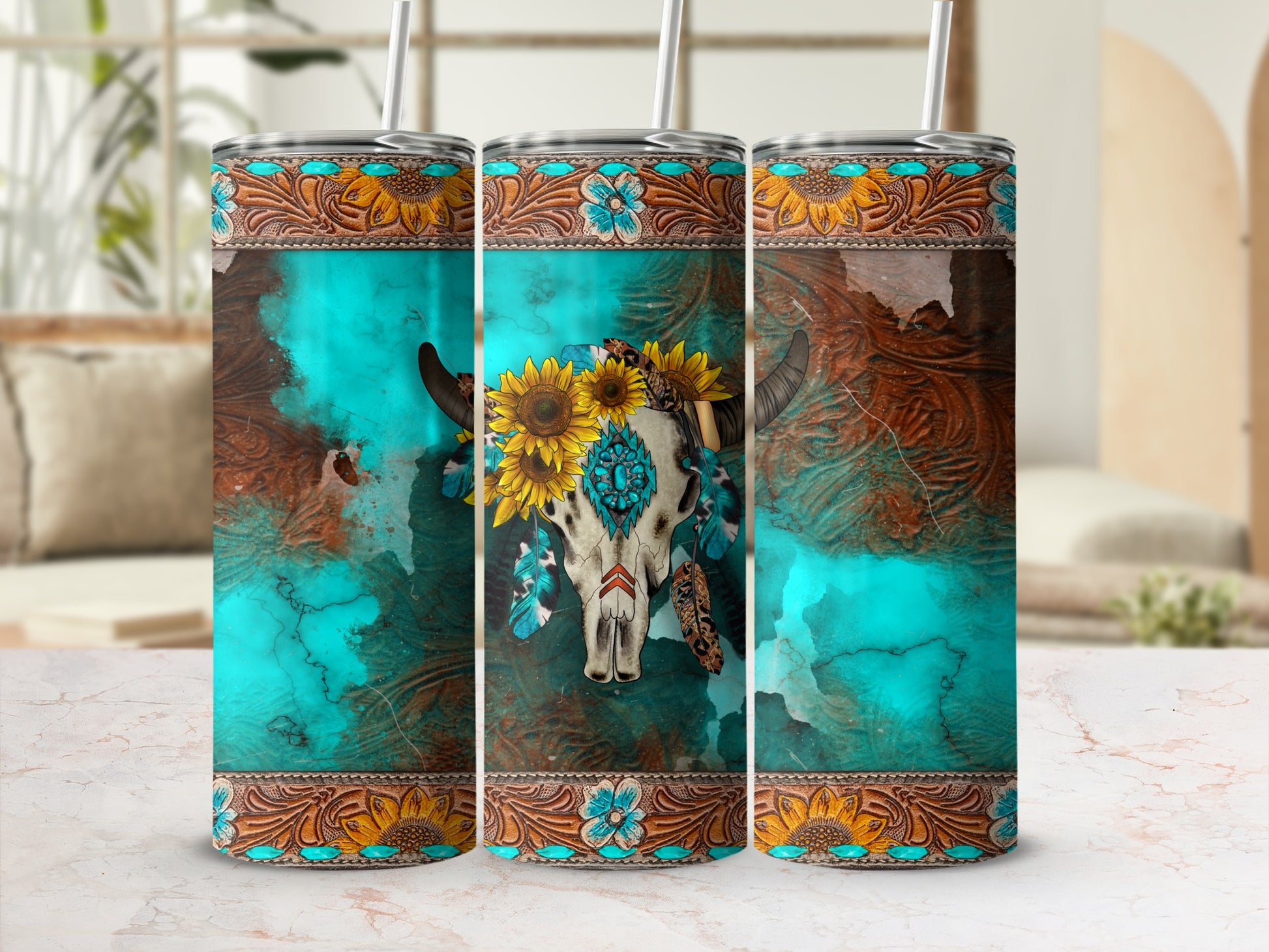 Western-style tumbler with bull skull, sunflowers, and feathers on turquoise background.